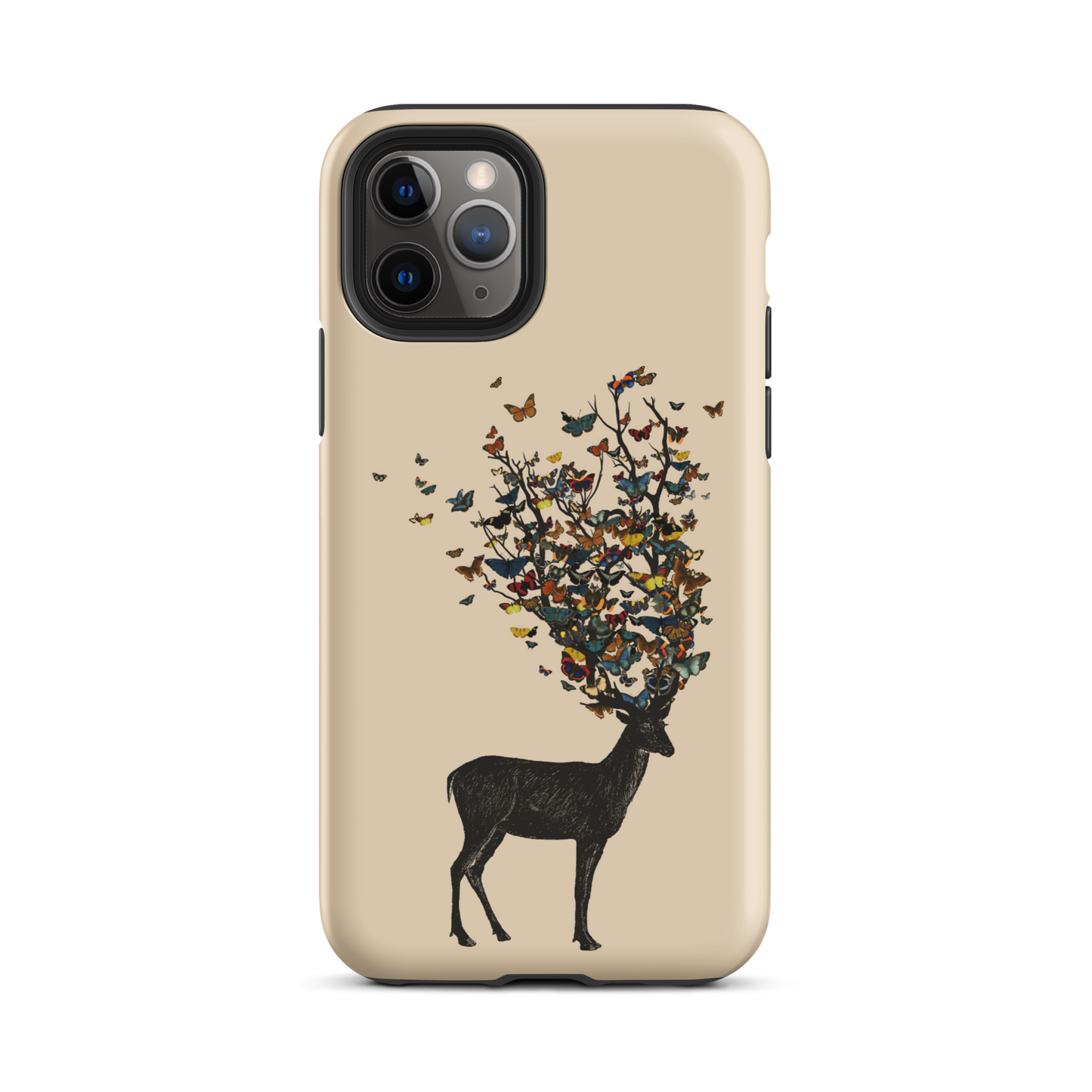 The image depicts a dark, silhouetted deer standing on a neutral background. Instead of branches, its antlers transform into a swirling cloud of vibrant, colorful butterflies that extend upwards and outward. The mix of organic and ethereal elements creates a captivating and whimsical visual contrast.