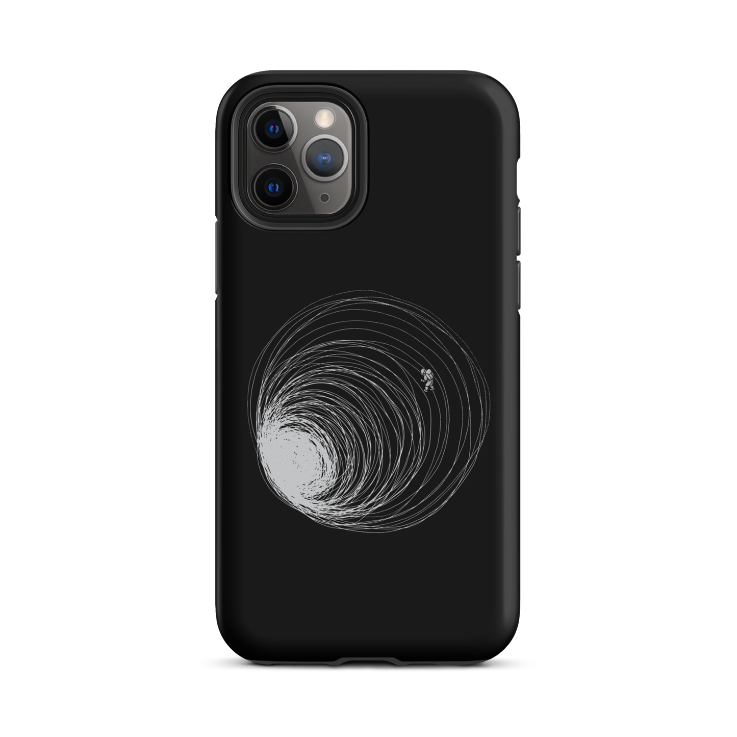 A big black hole with an astronaut floating around as if being sucked into it. A minimalist art perfect for those who love space.