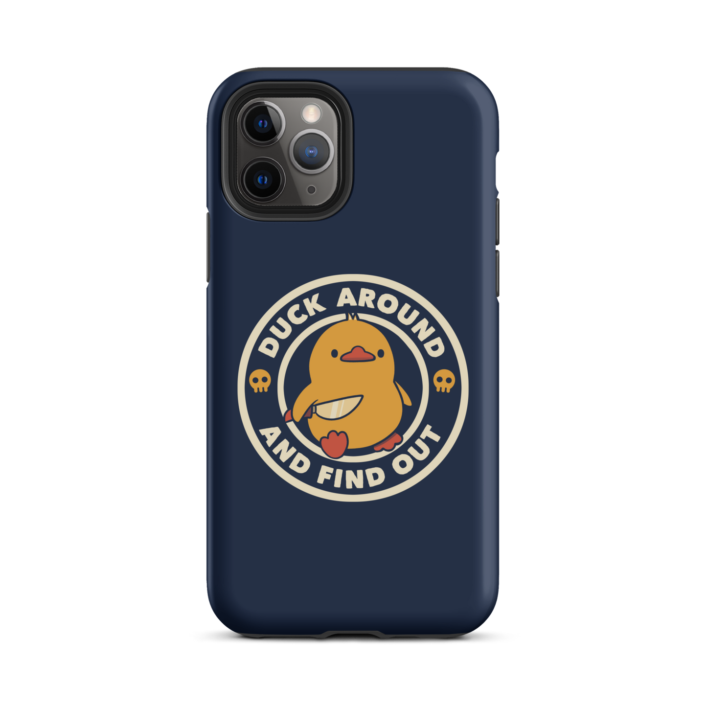 A cute yellow duck holding a small knife, around it the text "Duck Around And Find Out". An art that mixes humor with the temperament of ducks.