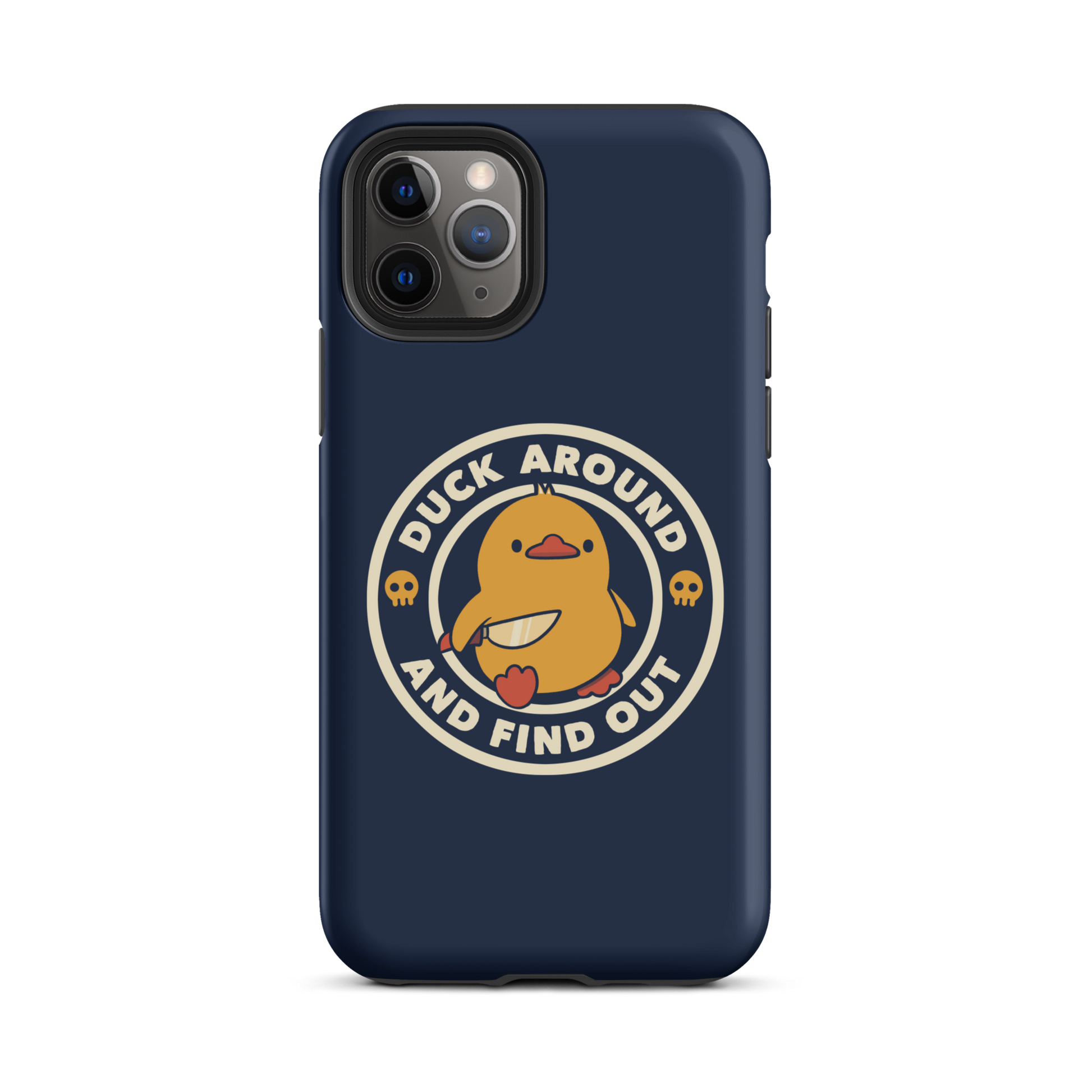 A cute yellow duck holding a small knife, around it the text "Duck Around And Find Out". An art that mixes humor with the temperament of ducks.