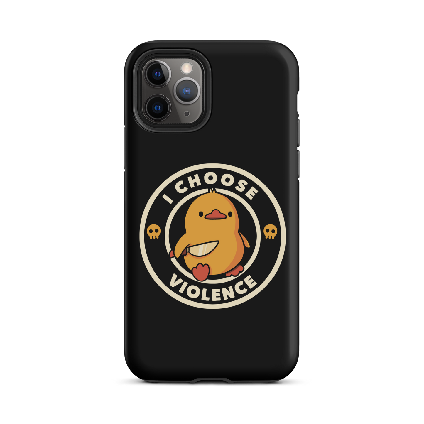 A cute, cartoon-style yellow duckling stands confidently holding a large knife in its wing. The duckling is encircled by text saying 'I CHOOSE VIOLENCE' in bold white letters. Small skull symbols flank the chick on either side, adding a touch of humor and irony to the otherwise adorable drawing.