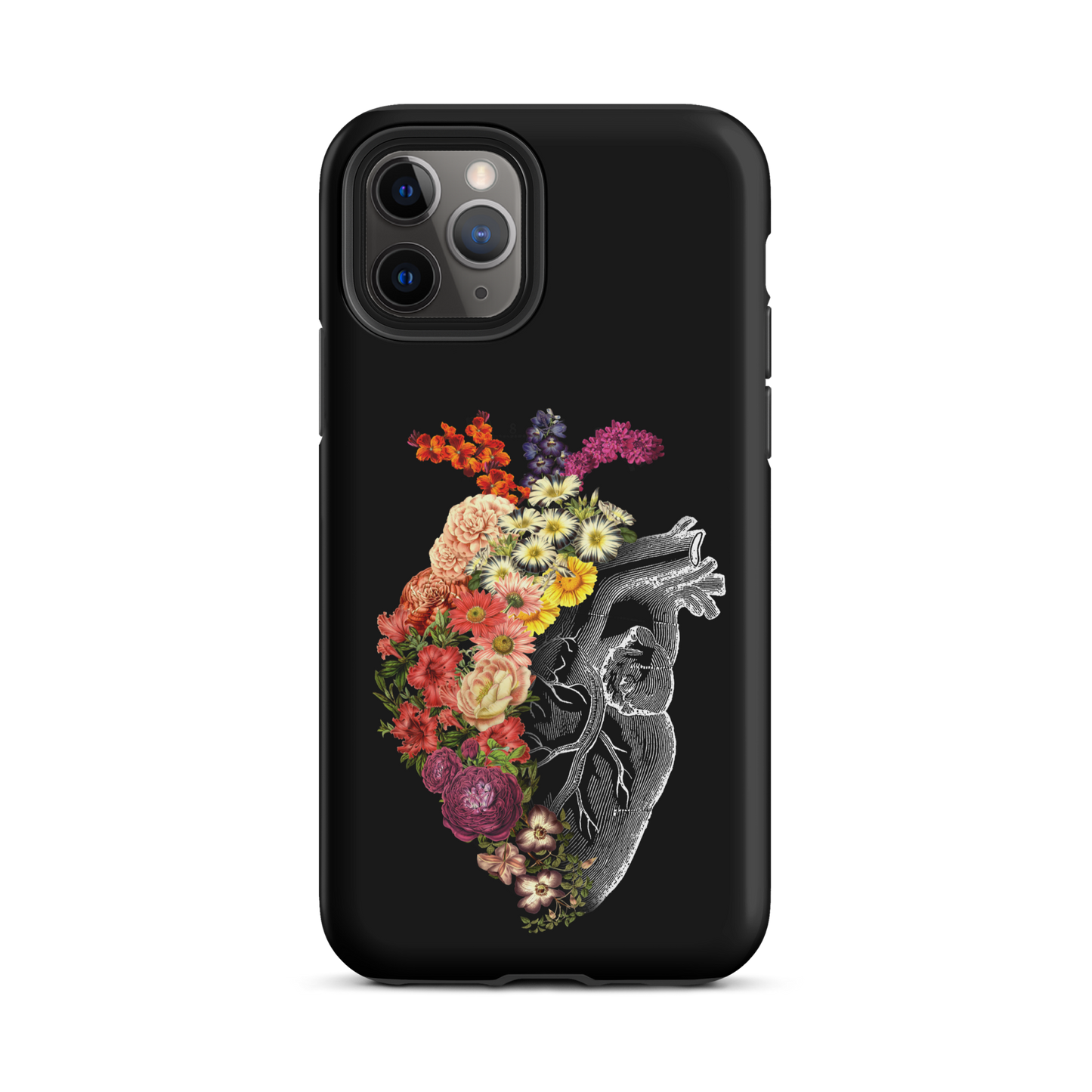 The design is an intricate and anatomical drawing of a human heart on a black background. The left side of the heart morphs into a vibrant assortment of colorful flowers, including roses, daisies, and other blooming blossoms, creating a striking contrast between the realistic and the surreal, symbolizing the harmony between nature and humanity.