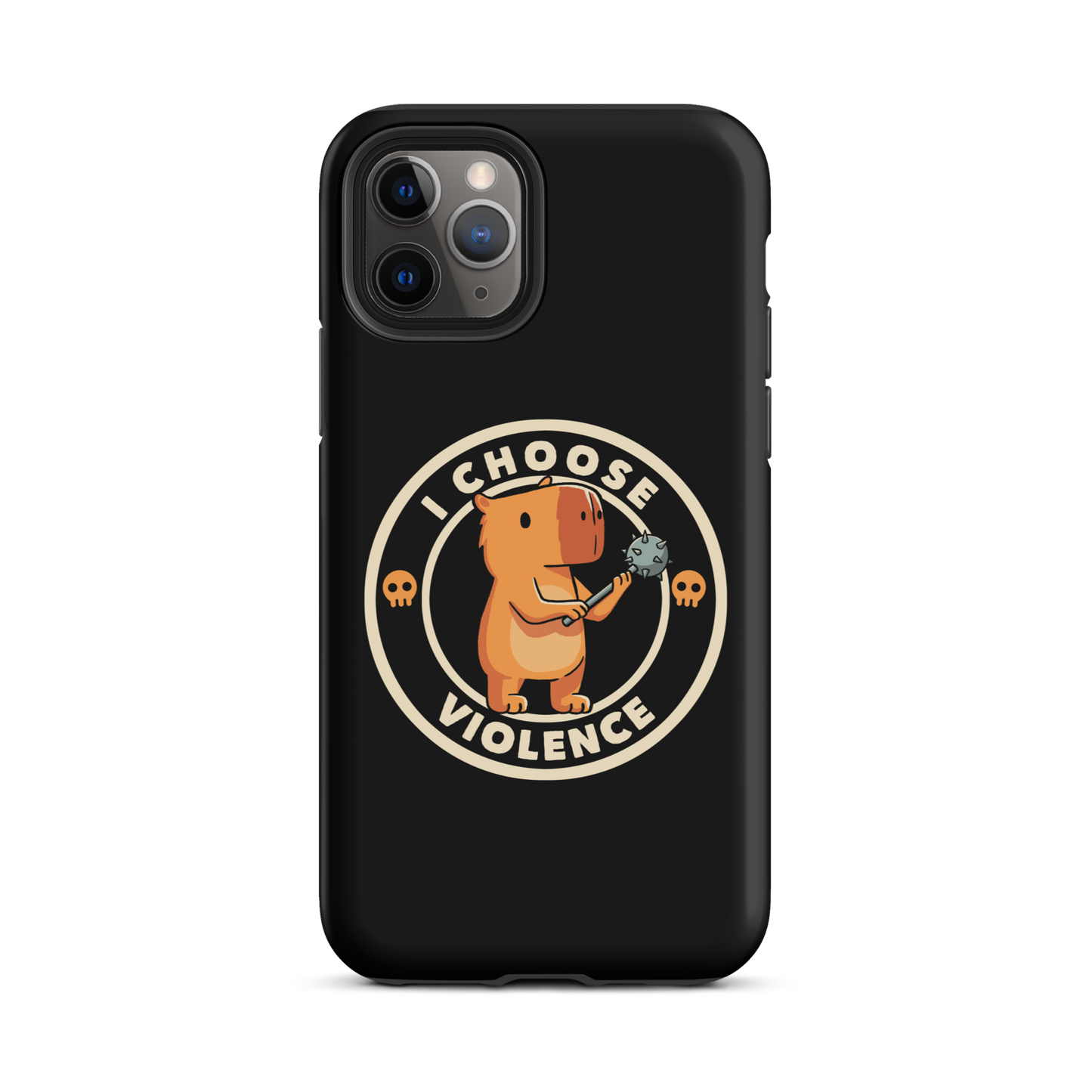 A cute, cartoonish burnt yellow capybara stands holding a spiked mace with a determined expression. Surrounding it is a circular design with the text 'I CHOOSE VIOLENCE' and two small skulls on either side, giving it a humorous yet ironic tone.