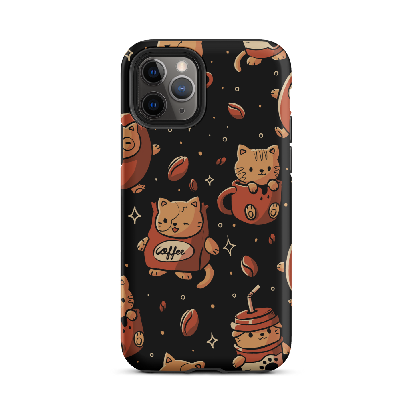 A pattern featuring several cute kittens appears in different coffee-themed versions: inside cups, as coffee beans, and on playful packaging. This artwork combines a love for cats and coffee in a charming and humorous composition. Perfect for cat lovers, coffee lovers, baristas, and anyone who enjoys cute and cozy designs.