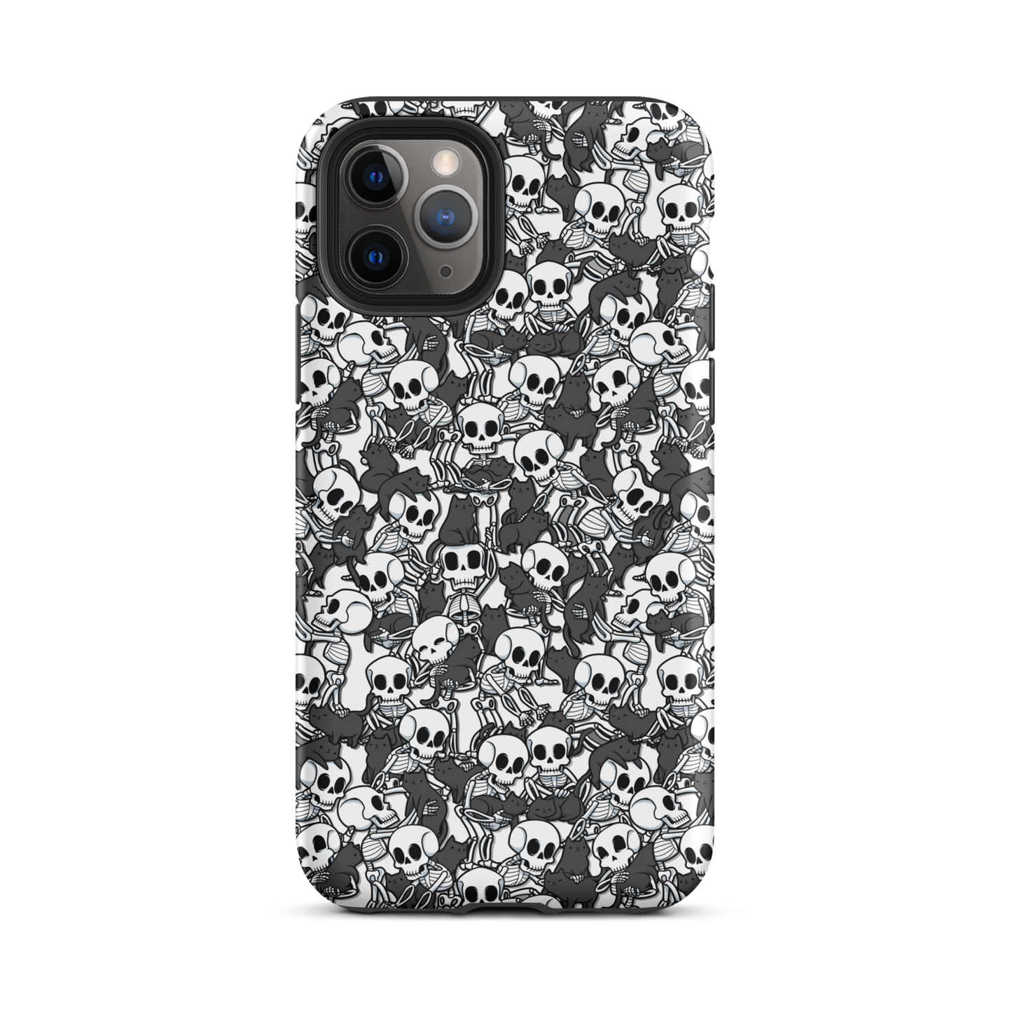 This artwork shows a playful pattern of cartoon skeletons cuddling and interacting with adorable black cats. It blends spooky charm with cozy, humorous vibes, creating a perfect aesthetic between macabre and cute. Ideal for fans of Halloween, gothic aesthetics, or anyone who loves fun prints with personality.