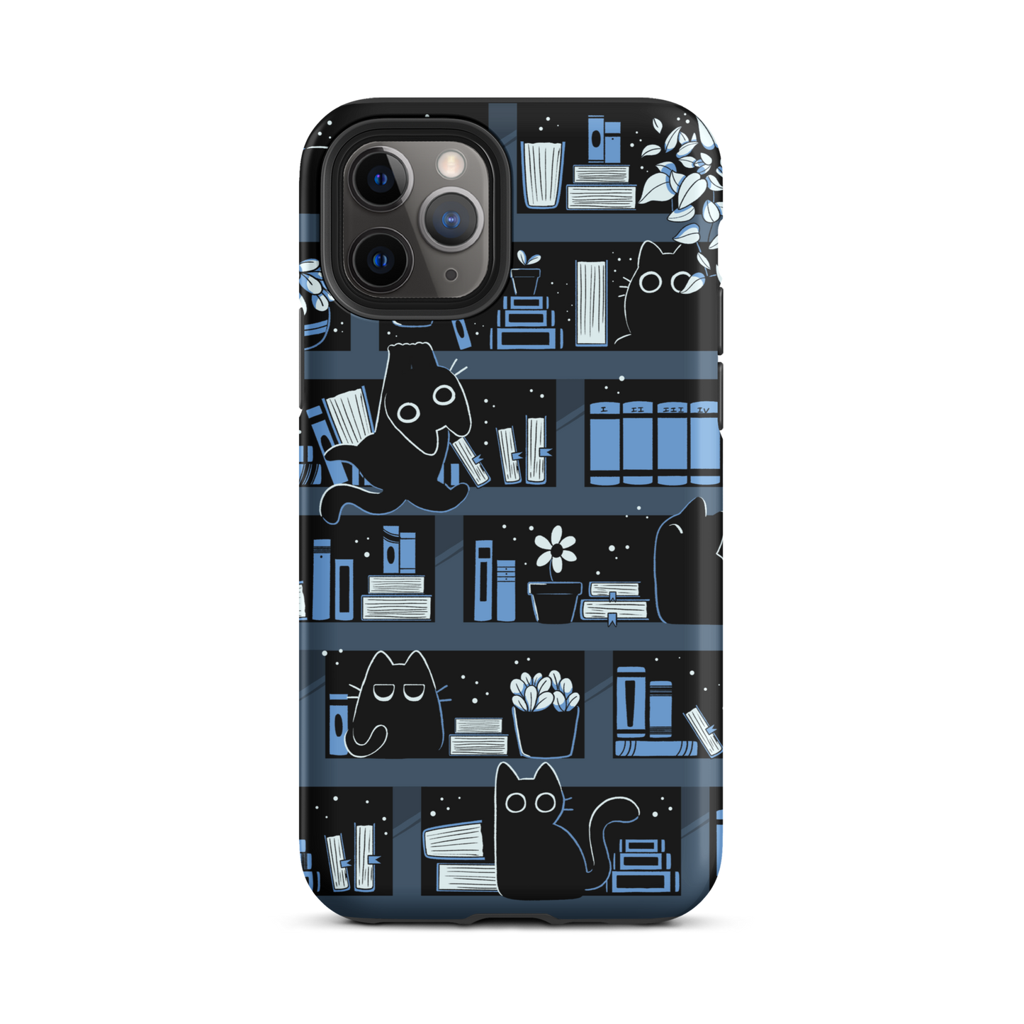 A pattern designed to resemble one large bookshelf filled with books, plants and playful little black kittens tucked between the shelves. An artwork in shades of black and blue, perfect for those who love cats, books and plants.