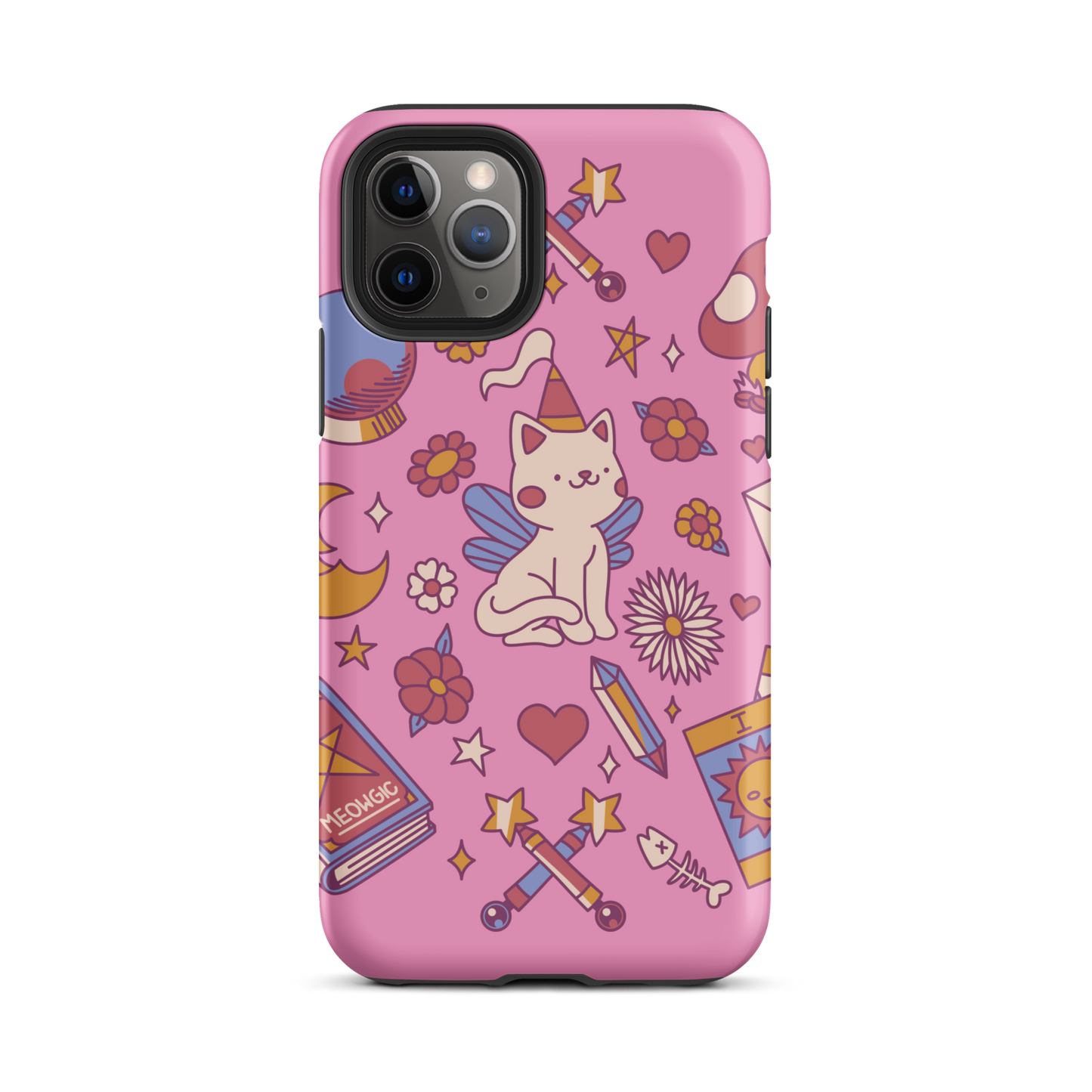 The artwork depicts a magical kitten with wings and a little hat, surrounded by crystals, flowers, tarot cards, mushrooms, and mystical elements in pastel shades. The design blends cute fantasy with colorful witchy aesthetics, creating an enchanting, lighthearted composition full of fun details. Perfect for lovers of cute mysticism, tarot, magical cats, and anyone who enjoys colorful prints with a magical vibe.