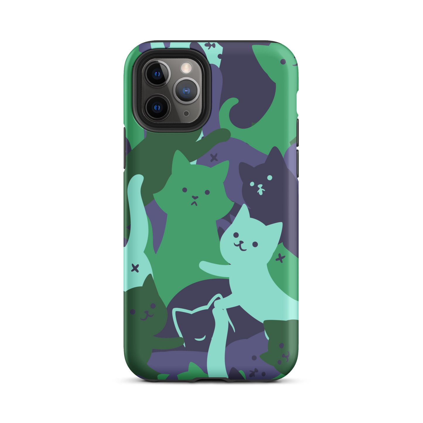 A playful pattern featuring multiple kittens in shades of green and blue, arranged to create a soft camouflage effect. This design blends cute cats with a modern pattern aesthetic, perfect for fans of fun, stylish, and whimsical art.
