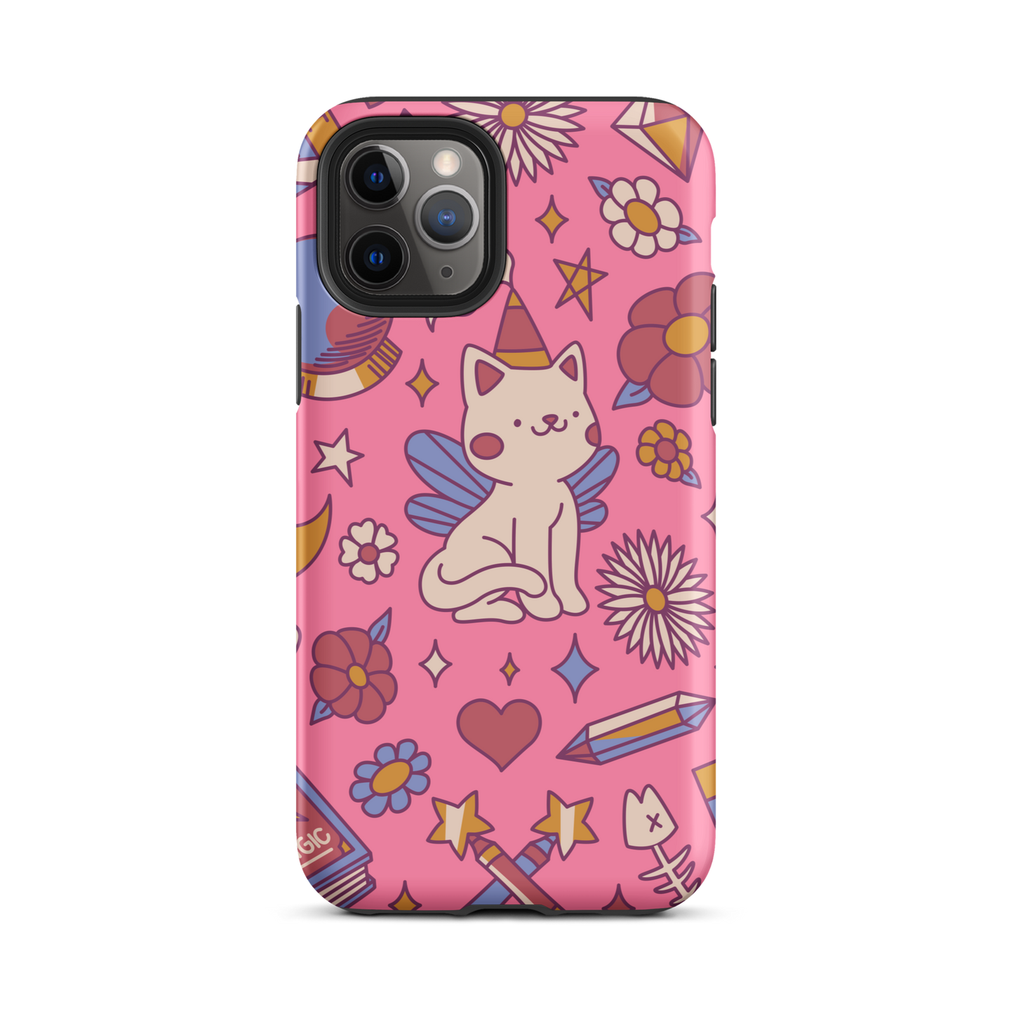 A seamless pattern featuring a magical winged kitten surrounded by crystals, flowers, tarot cards, mushrooms and other mystical elements in soft pastel tones. A playful and whimsical design with a cute, magical vibe.
