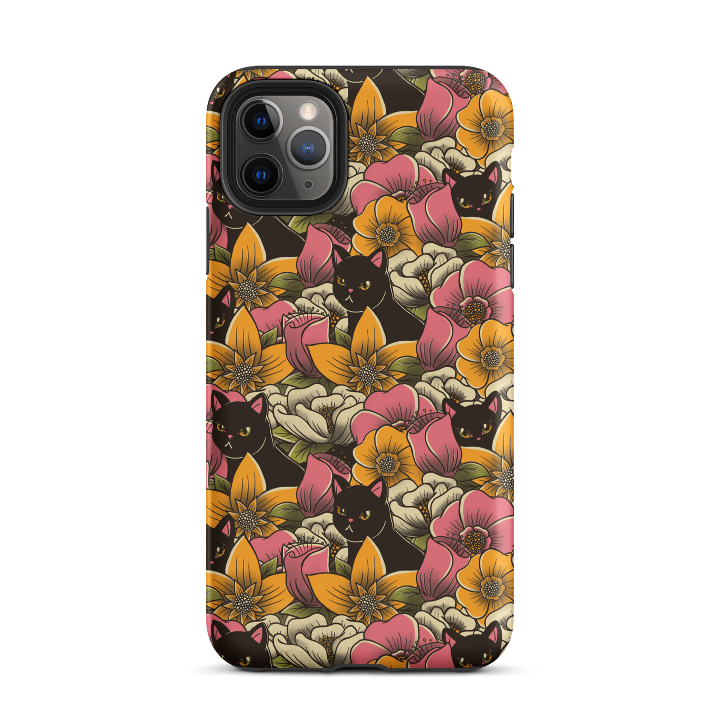 The image features a repeating pattern of colorful flowers in pink, yellow, and cream hues with lush green foliage. Interspersed among the flowers are playful black cats with bright eyes. The design has a whimsical and vibrant feel, ideal for various products like t-shirts, stickers, coffee cups, and skateboards. The style is reminiscent of traditional floral art blended with playful elements of animal decor.
