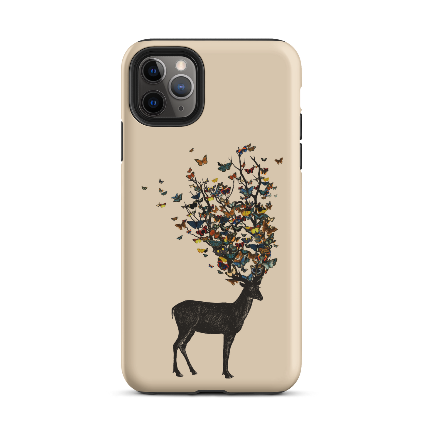 The image depicts a dark, silhouetted deer standing on a neutral background. Instead of branches, its antlers transform into a swirling cloud of vibrant, colorful butterflies that extend upwards and outward. The mix of organic and ethereal elements creates a captivating and whimsical visual contrast.