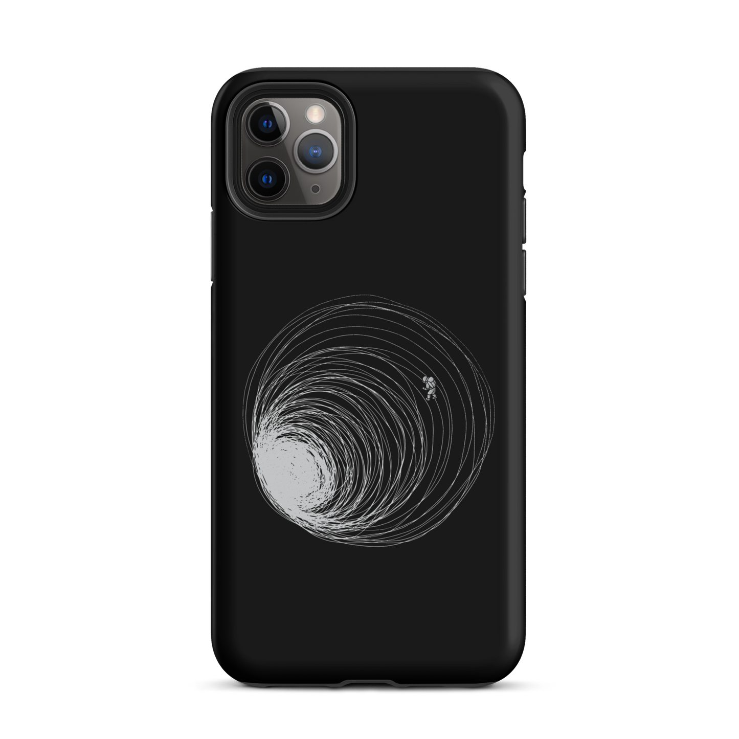 A big black hole with an astronaut floating around as if being sucked into it. A minimalist art perfect for those who love space.