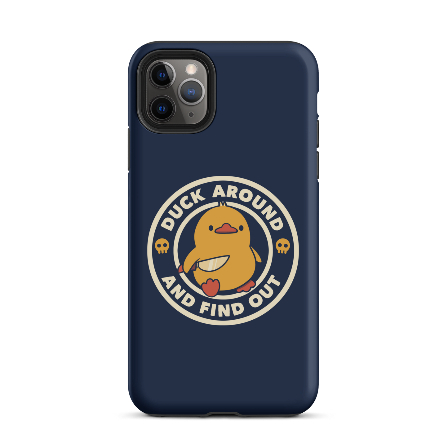 A cute yellow duck holding a small knife, around it the text "Duck Around And Find Out". An art that mixes humor with the temperament of ducks.