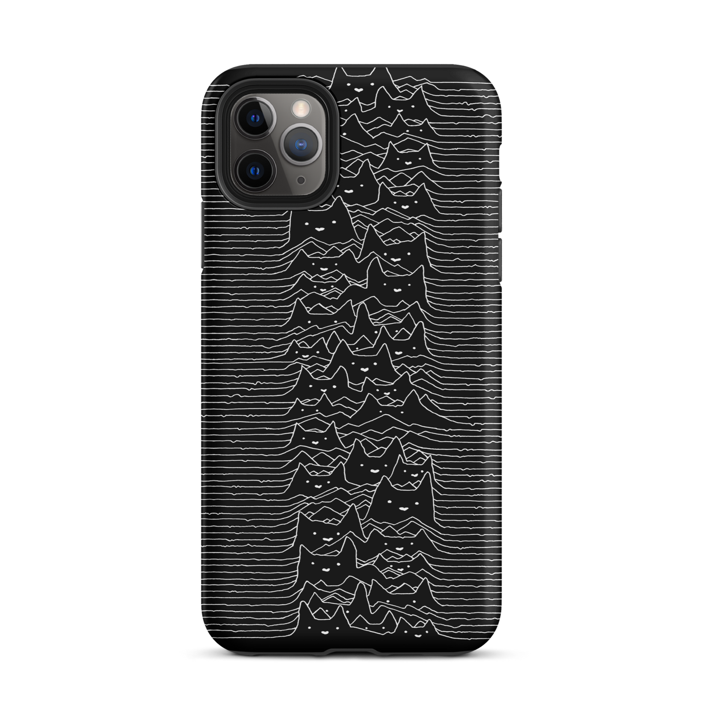 The drawing is a series of continuous wavy lines forming a pattern reminiscent of sound waves or topographic maps, but with an unexpected twist: the lines create the shapes of numerous cat faces stacked vertically. Each cat has simple, expressive features with pointed ears, adding a whimsical element to the otherwise structured pattern.