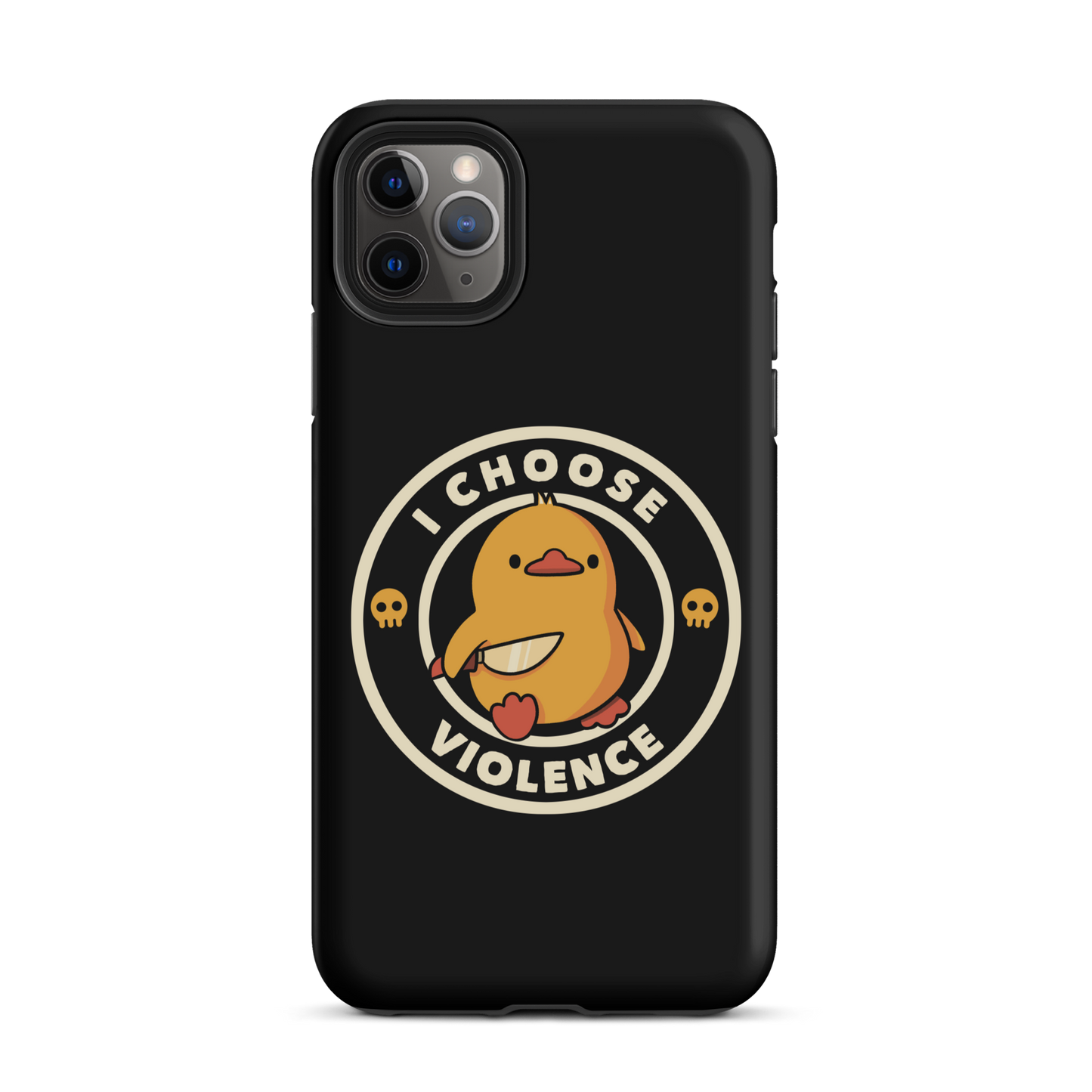 A cute, cartoon-style yellow duckling stands confidently holding a large knife in its wing. The duckling is encircled by text saying 'I CHOOSE VIOLENCE' in bold white letters. Small skull symbols flank the chick on either side, adding a touch of humor and irony to the otherwise adorable drawing.