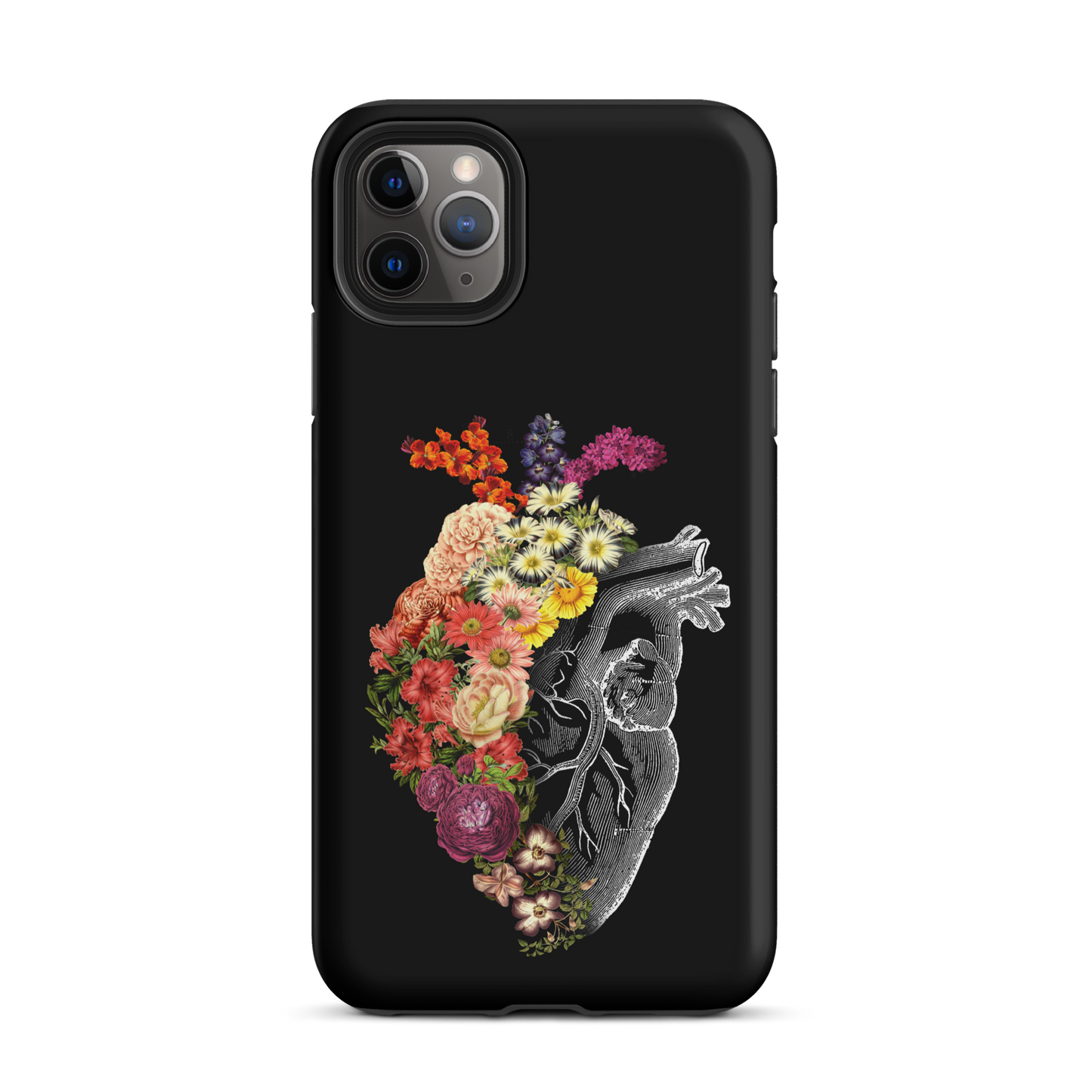 The design is an intricate and anatomical drawing of a human heart on a black background. The left side of the heart morphs into a vibrant assortment of colorful flowers, including roses, daisies, and other blooming blossoms, creating a striking contrast between the realistic and the surreal, symbolizing the harmony between nature and humanity.