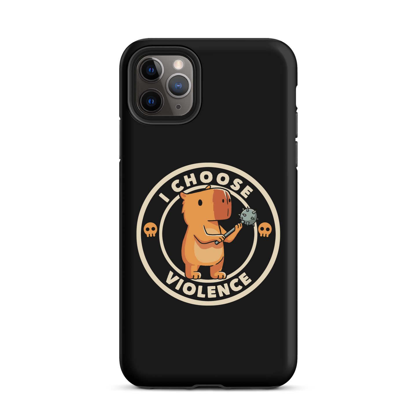 A cute, cartoonish burnt yellow capybara stands holding a spiked mace with a determined expression. Surrounding it is a circular design with the text 'I CHOOSE VIOLENCE' and two small skulls on either side, giving it a humorous yet ironic tone.