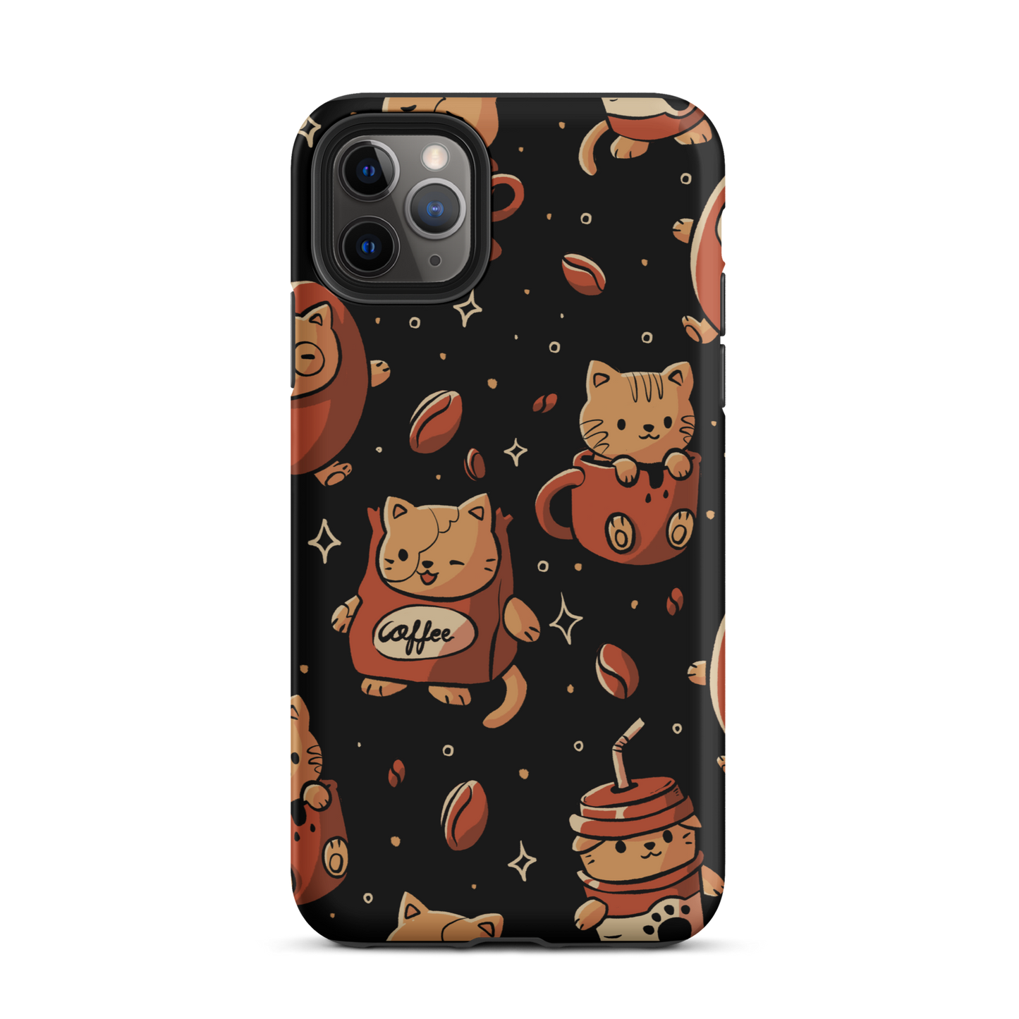 A pattern featuring several cute kittens appears in different coffee-themed versions: inside cups, as coffee beans, and on playful packaging. This artwork combines a love for cats and coffee in a charming and humorous composition. Perfect for cat lovers, coffee lovers, baristas, and anyone who enjoys cute and cozy designs.