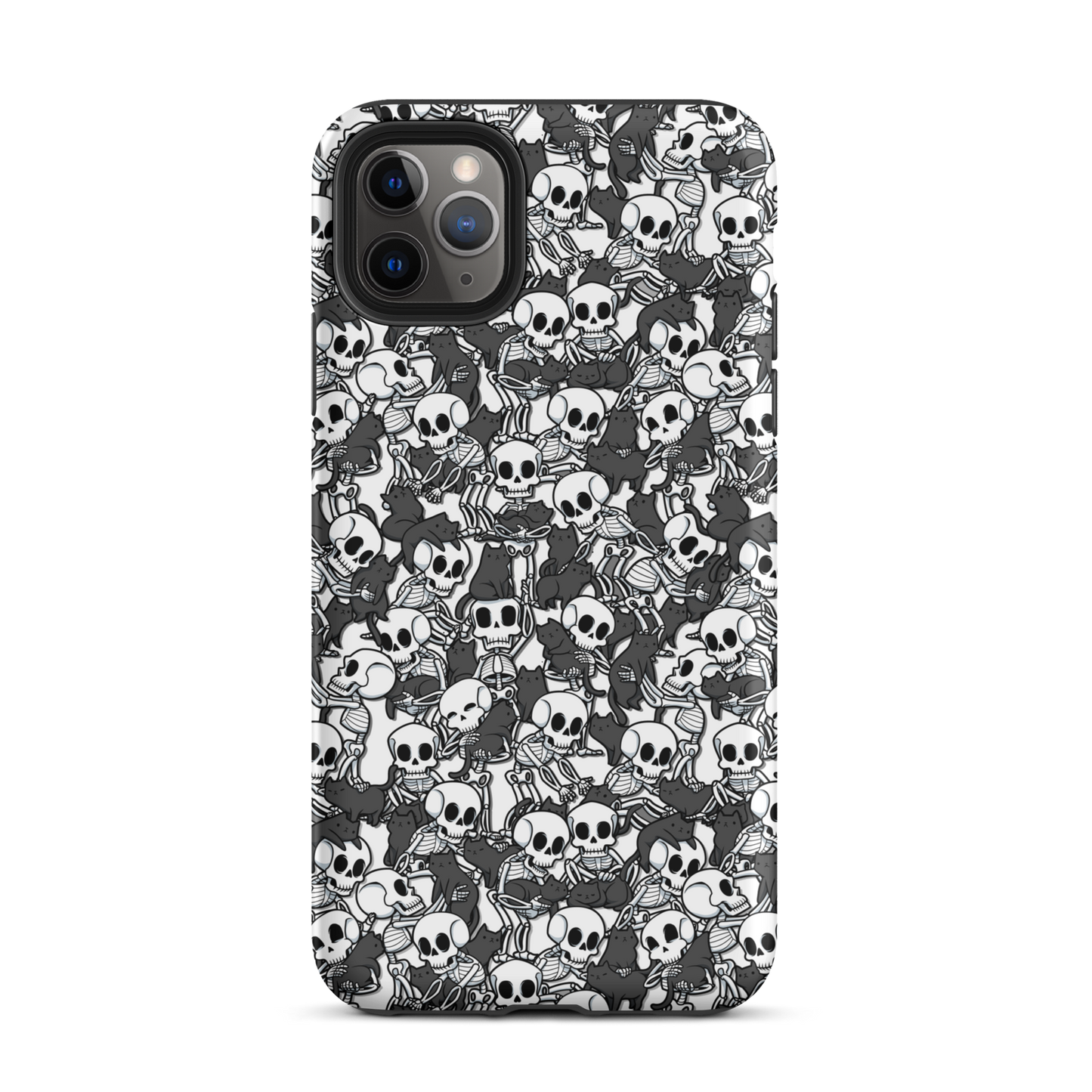 This artwork shows a playful pattern of cartoon skeletons cuddling and interacting with adorable black cats. It blends spooky charm with cozy, humorous vibes, creating a perfect aesthetic between macabre and cute. Ideal for fans of Halloween, gothic aesthetics, or anyone who loves fun prints with personality.