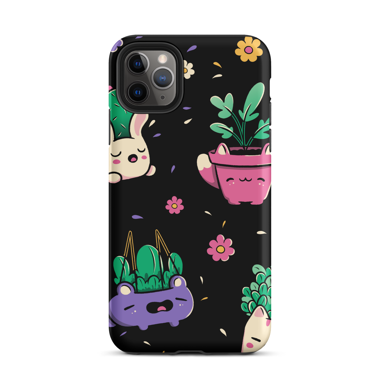 An endearing pattern featuring petite potted plants creatively shaped like adorable animals, arranged in a charming repeating composition. This enchanting design is perfect for plant enthusiasts who adore greenery and love surrounding themselves with whimsical, nature-inspired details.