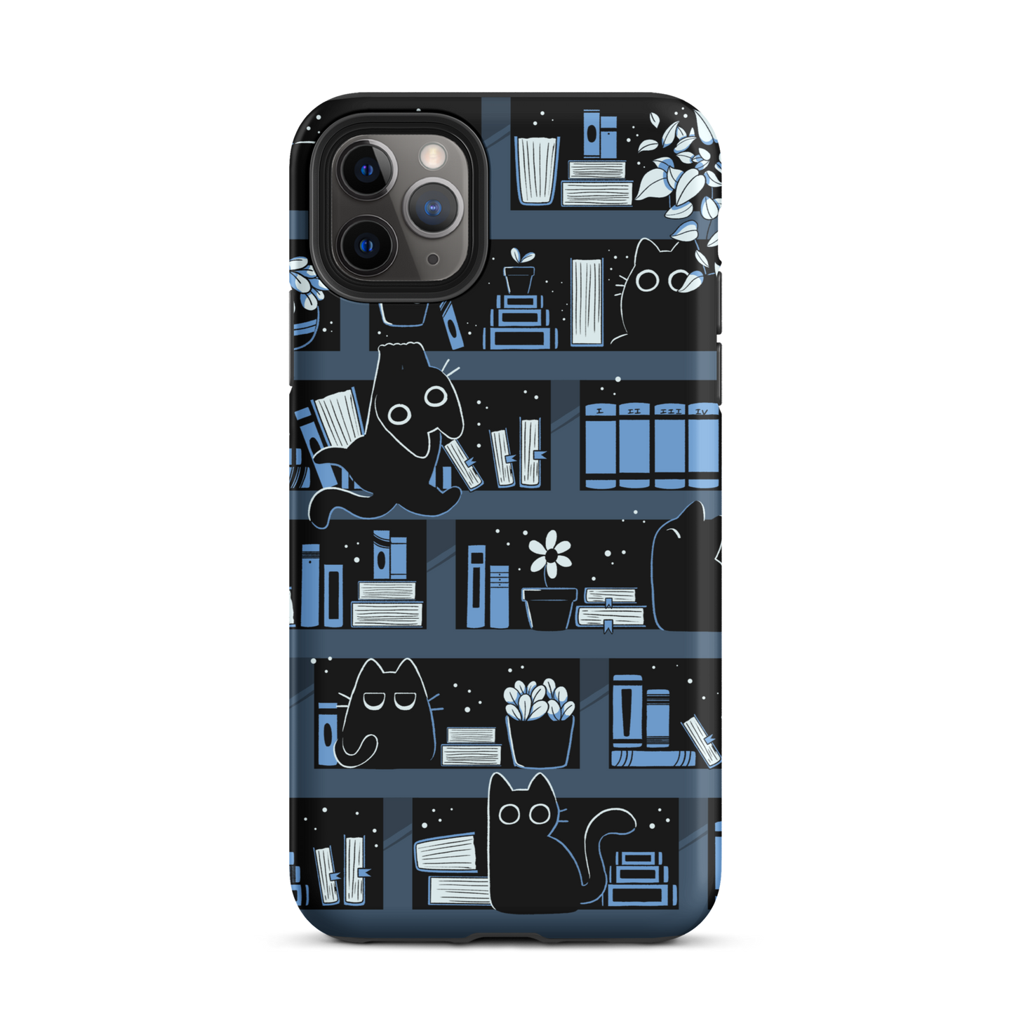 A pattern designed to resemble one large bookshelf filled with books, plants and playful little black kittens tucked between the shelves. An artwork in shades of black and blue, perfect for those who love cats, books and plants.