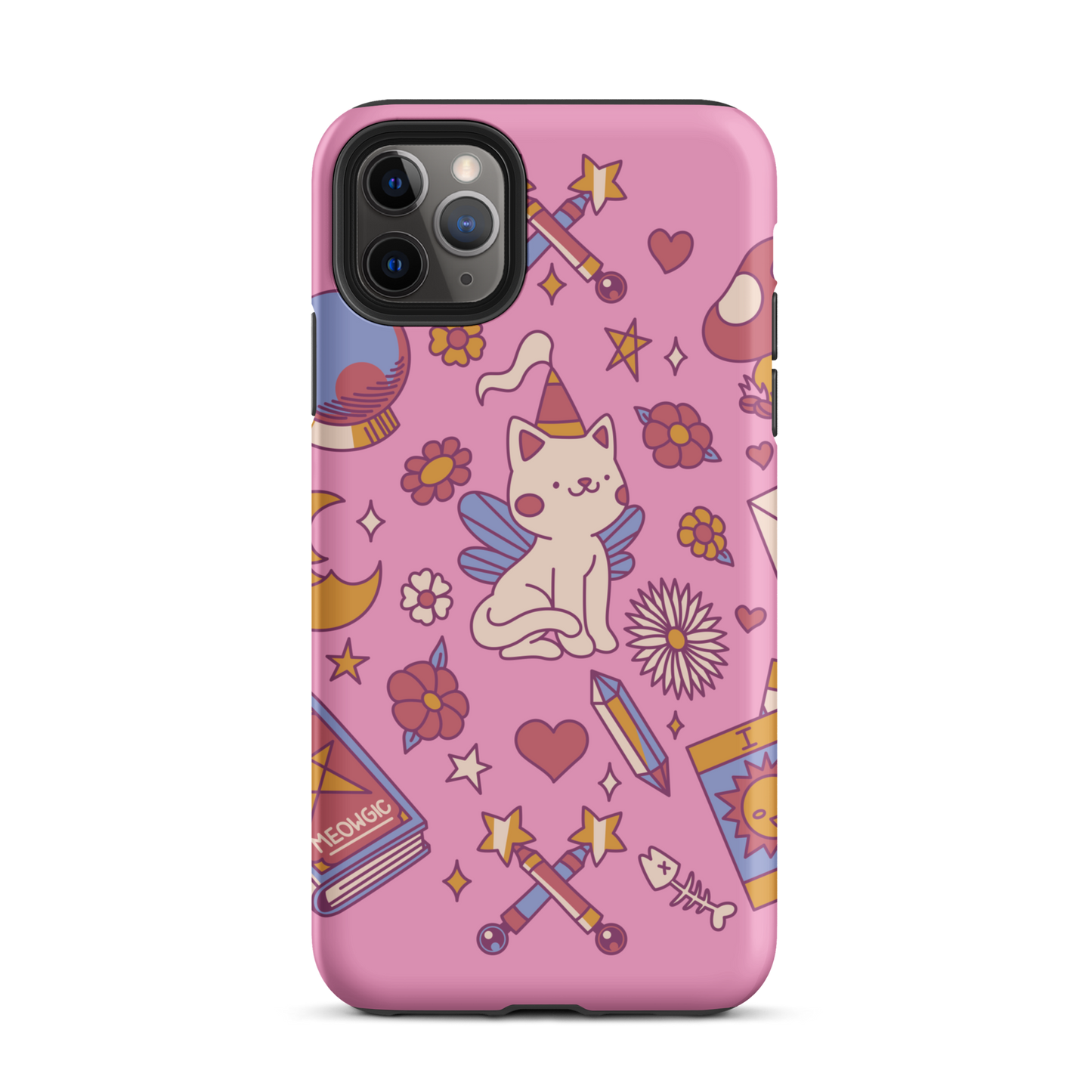The artwork depicts a magical kitten with wings and a little hat, surrounded by crystals, flowers, tarot cards, mushrooms, and mystical elements in pastel shades. The design blends cute fantasy with colorful witchy aesthetics, creating an enchanting, lighthearted composition full of fun details. Perfect for lovers of cute mysticism, tarot, magical cats, and anyone who enjoys colorful prints with a magical vibe.