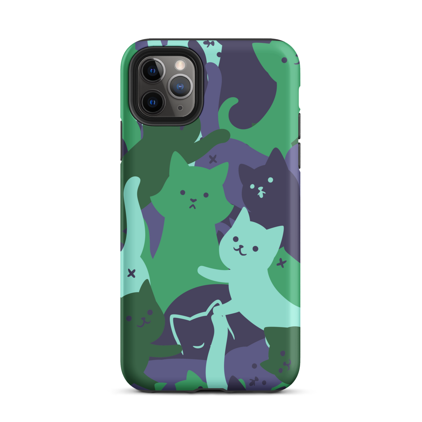 A playful pattern featuring multiple kittens in shades of green and blue, arranged to create a soft camouflage effect. This design blends cute cats with a modern pattern aesthetic, perfect for fans of fun, stylish, and whimsical art.