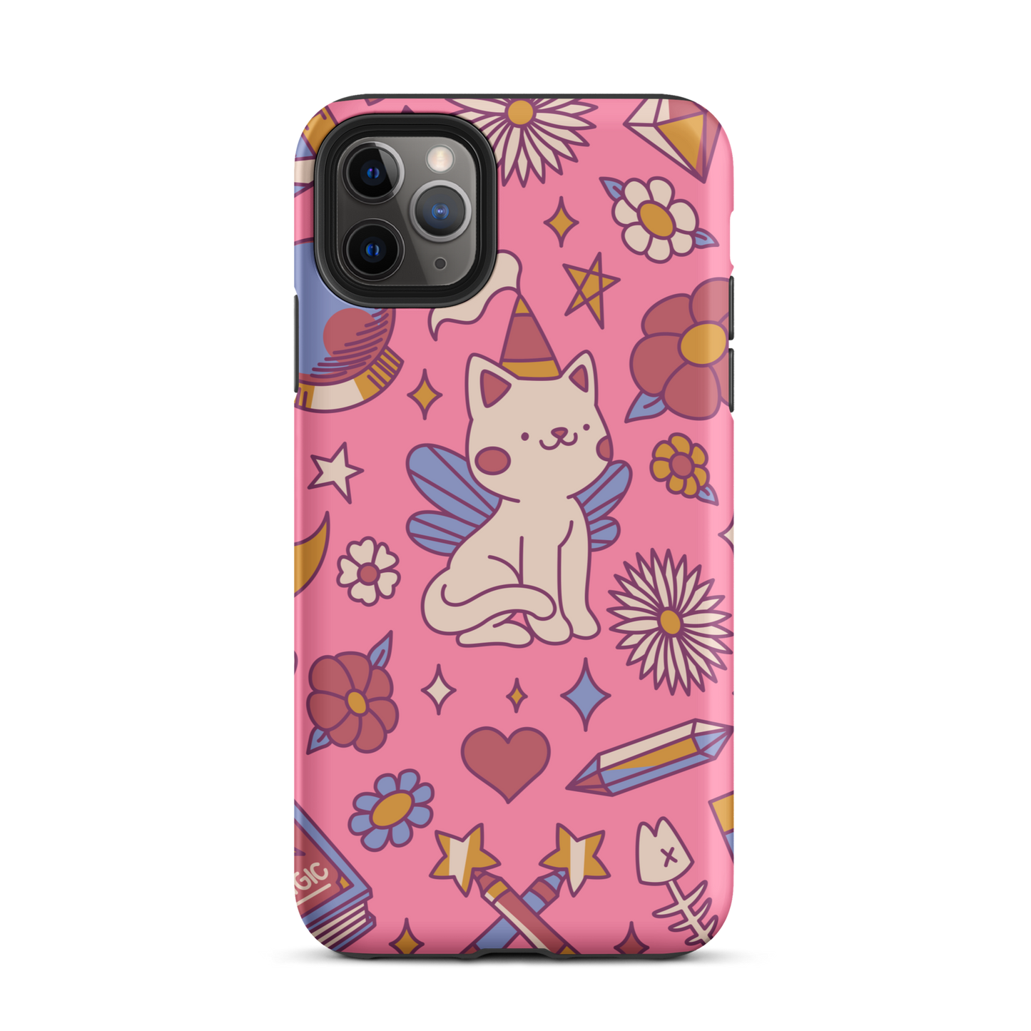 A seamless pattern featuring a magical winged kitten surrounded by crystals, flowers, tarot cards, mushrooms and other mystical elements in soft pastel tones. A playful and whimsical design with a cute, magical vibe.