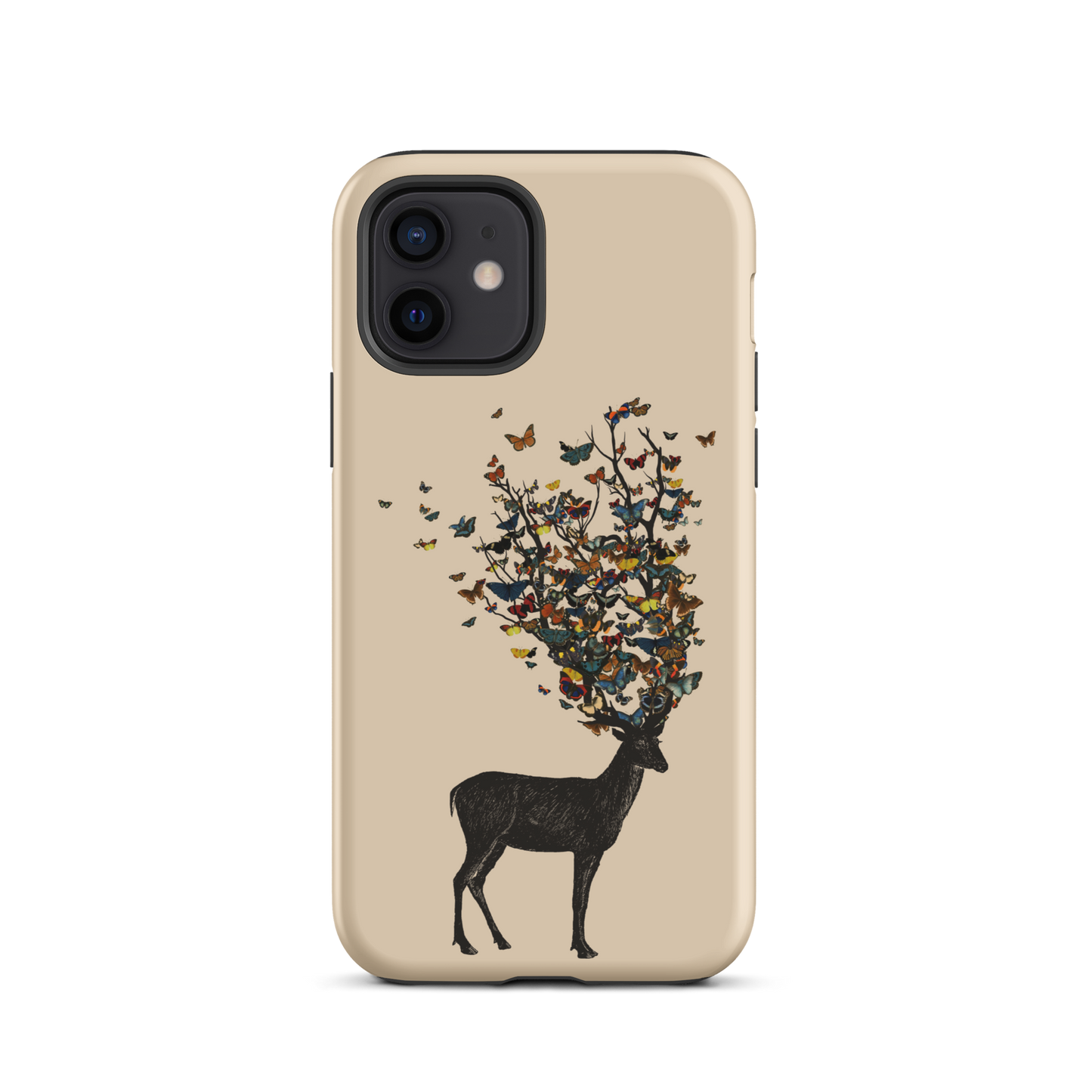 The image depicts a dark, silhouetted deer standing on a neutral background. Instead of branches, its antlers transform into a swirling cloud of vibrant, colorful butterflies that extend upwards and outward. The mix of organic and ethereal elements creates a captivating and whimsical visual contrast.