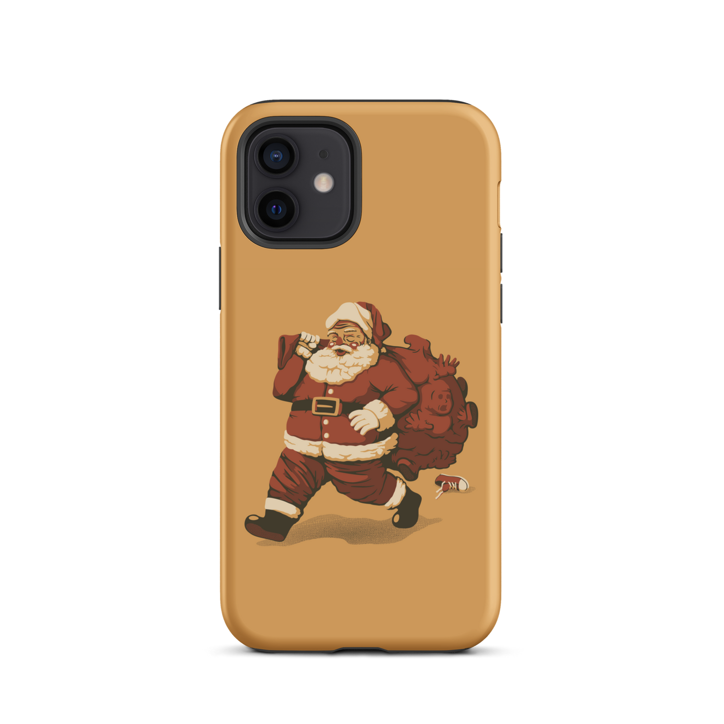 A cute Santa Claus carrying a red bag full of what appear to be gifts, but when you look closer you can see that there are several little boys. A fun art that mixes up the story that the good boys are going to get charcoal from Santa, but this time Santa is taking them.