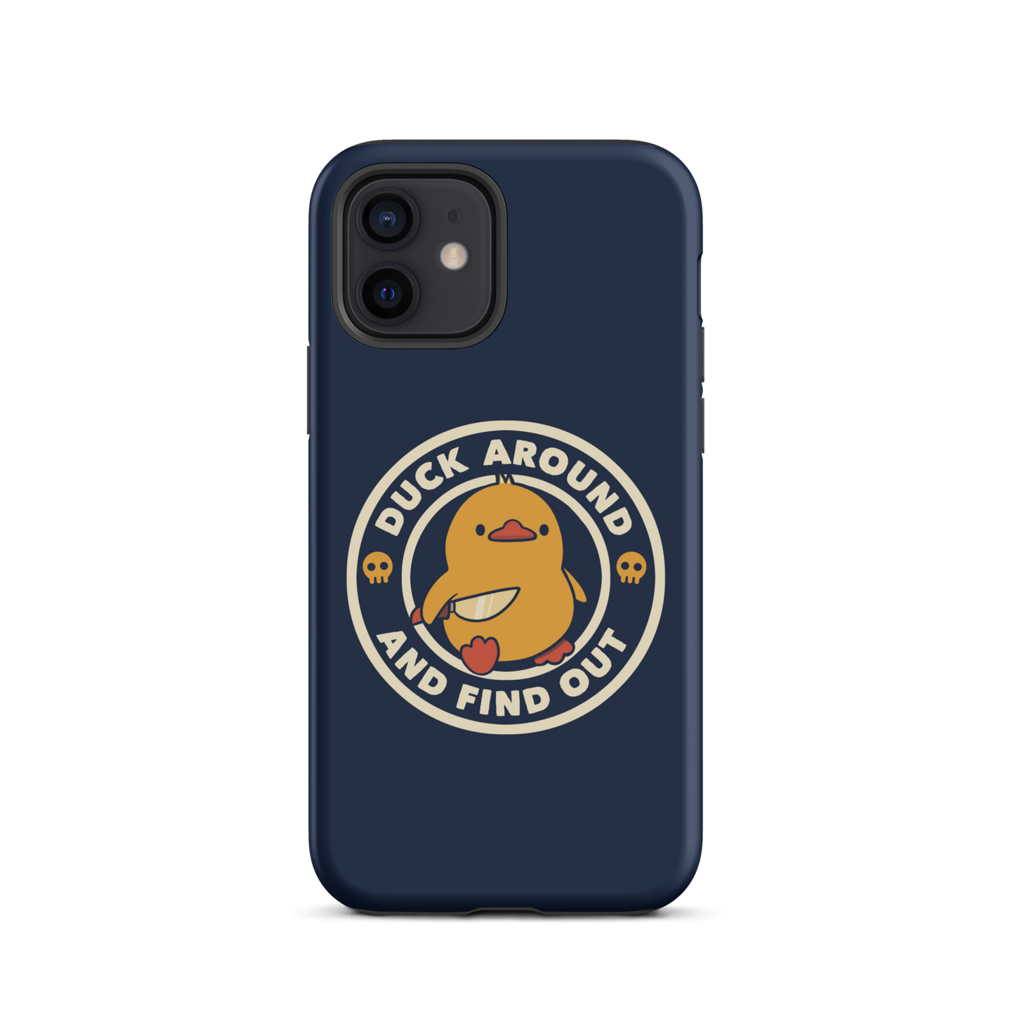 A cute yellow duck holding a small knife, around it the text "Duck Around And Find Out". An art that mixes humor with the temperament of ducks.