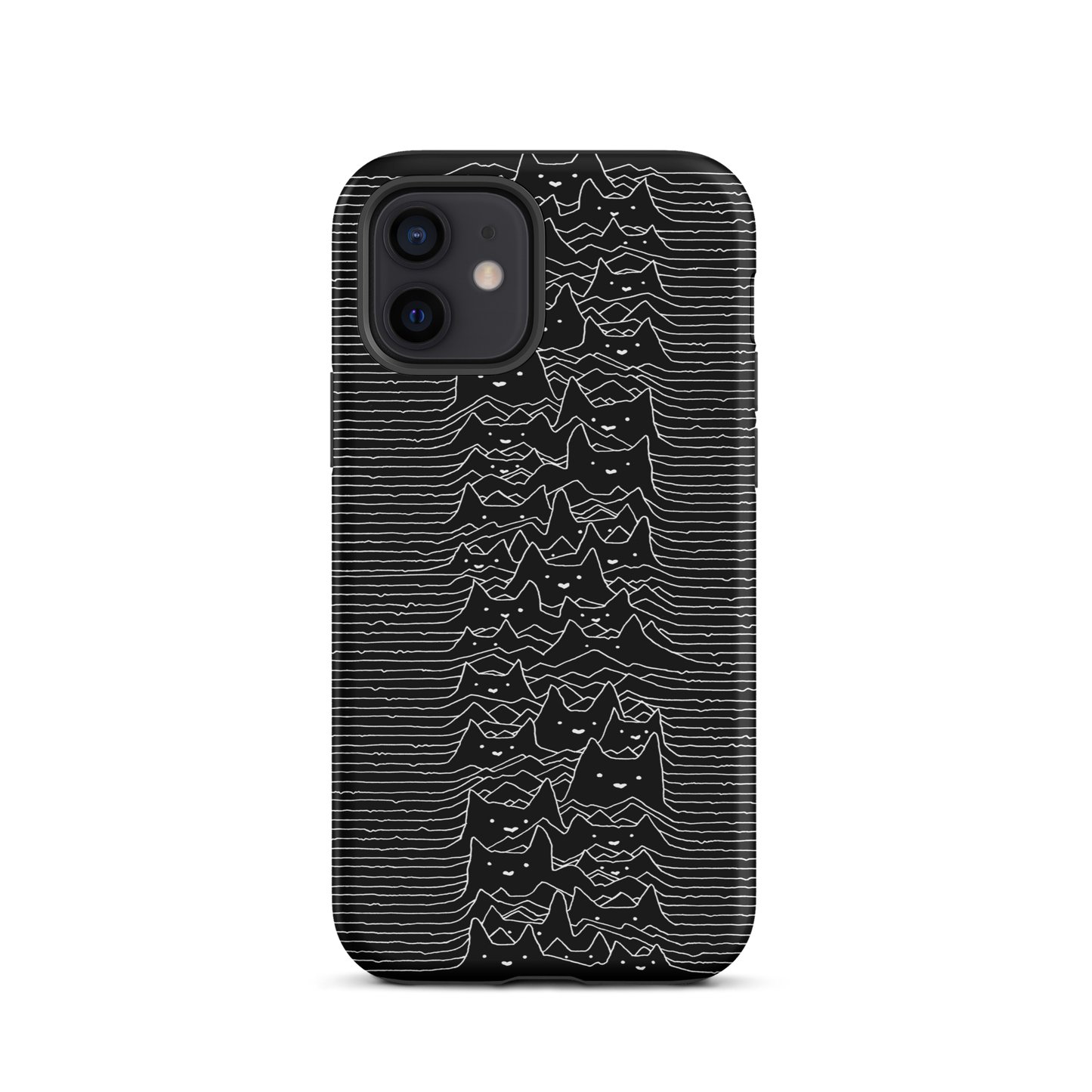 The drawing is a series of continuous wavy lines forming a pattern reminiscent of sound waves or topographic maps, but with an unexpected twist: the lines create the shapes of numerous cat faces stacked vertically. Each cat has simple, expressive features with pointed ears, adding a whimsical element to the otherwise structured pattern.