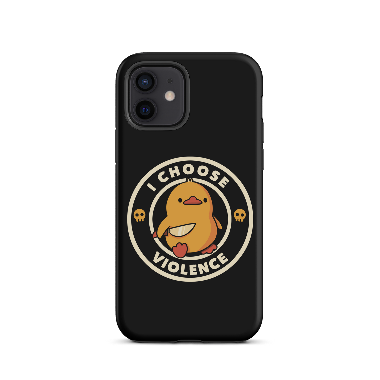 A cute, cartoon-style yellow duckling stands confidently holding a large knife in its wing. The duckling is encircled by text saying 'I CHOOSE VIOLENCE' in bold white letters. Small skull symbols flank the chick on either side, adding a touch of humor and irony to the otherwise adorable drawing.