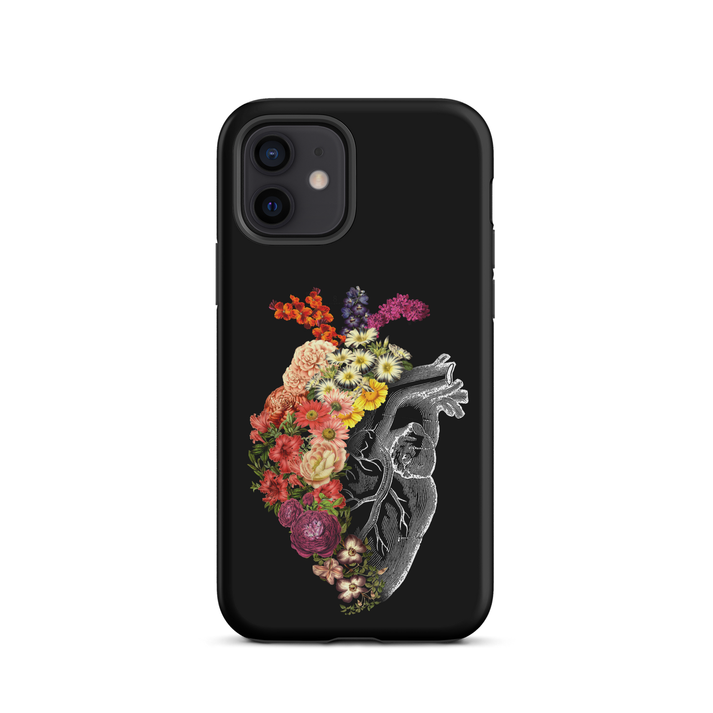 The design is an intricate and anatomical drawing of a human heart on a black background. The left side of the heart morphs into a vibrant assortment of colorful flowers, including roses, daisies, and other blooming blossoms, creating a striking contrast between the realistic and the surreal, symbolizing the harmony between nature and humanity.
