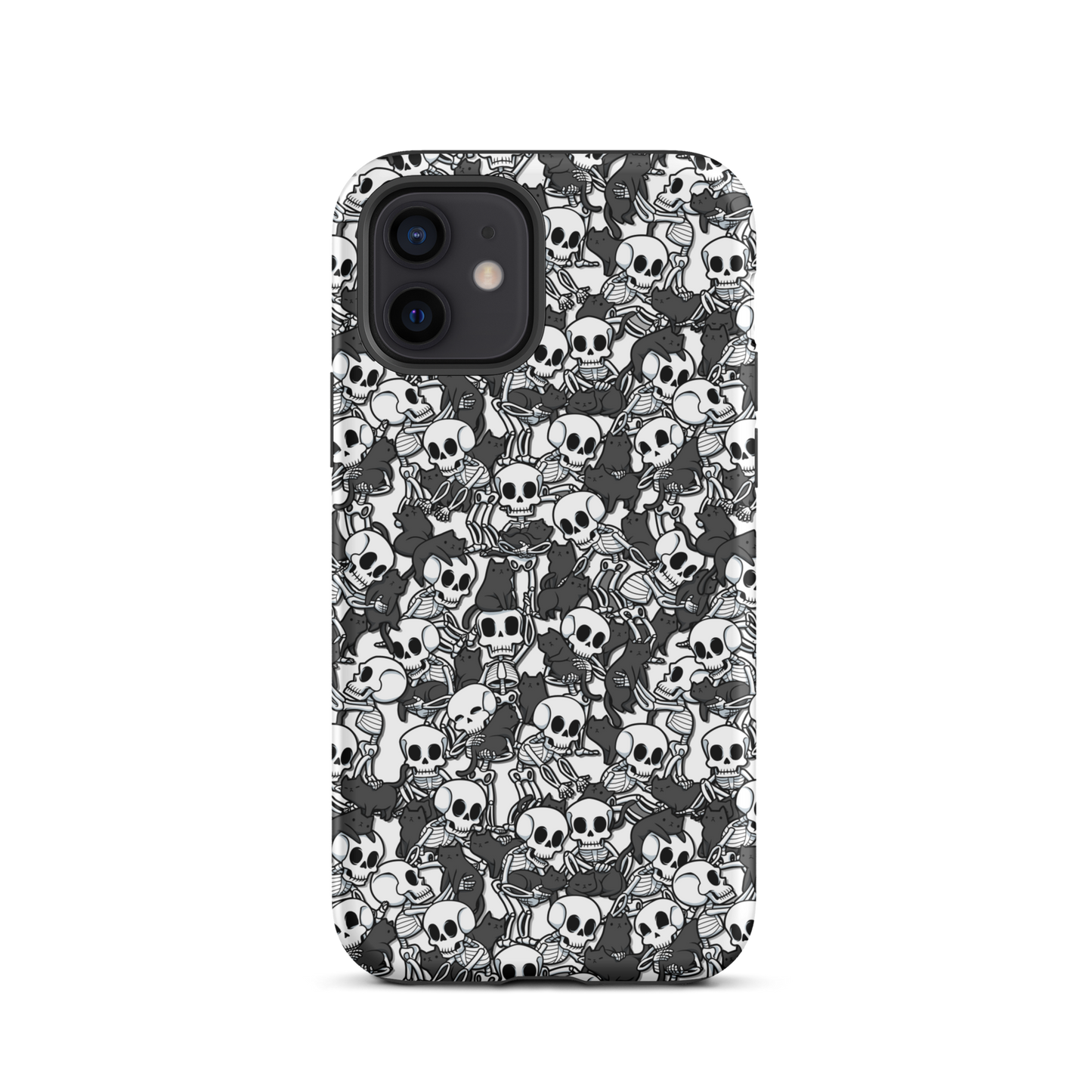 This artwork shows a playful pattern of cartoon skeletons cuddling and interacting with adorable black cats. It blends spooky charm with cozy, humorous vibes, creating a perfect aesthetic between macabre and cute. Ideal for fans of Halloween, gothic aesthetics, or anyone who loves fun prints with personality.