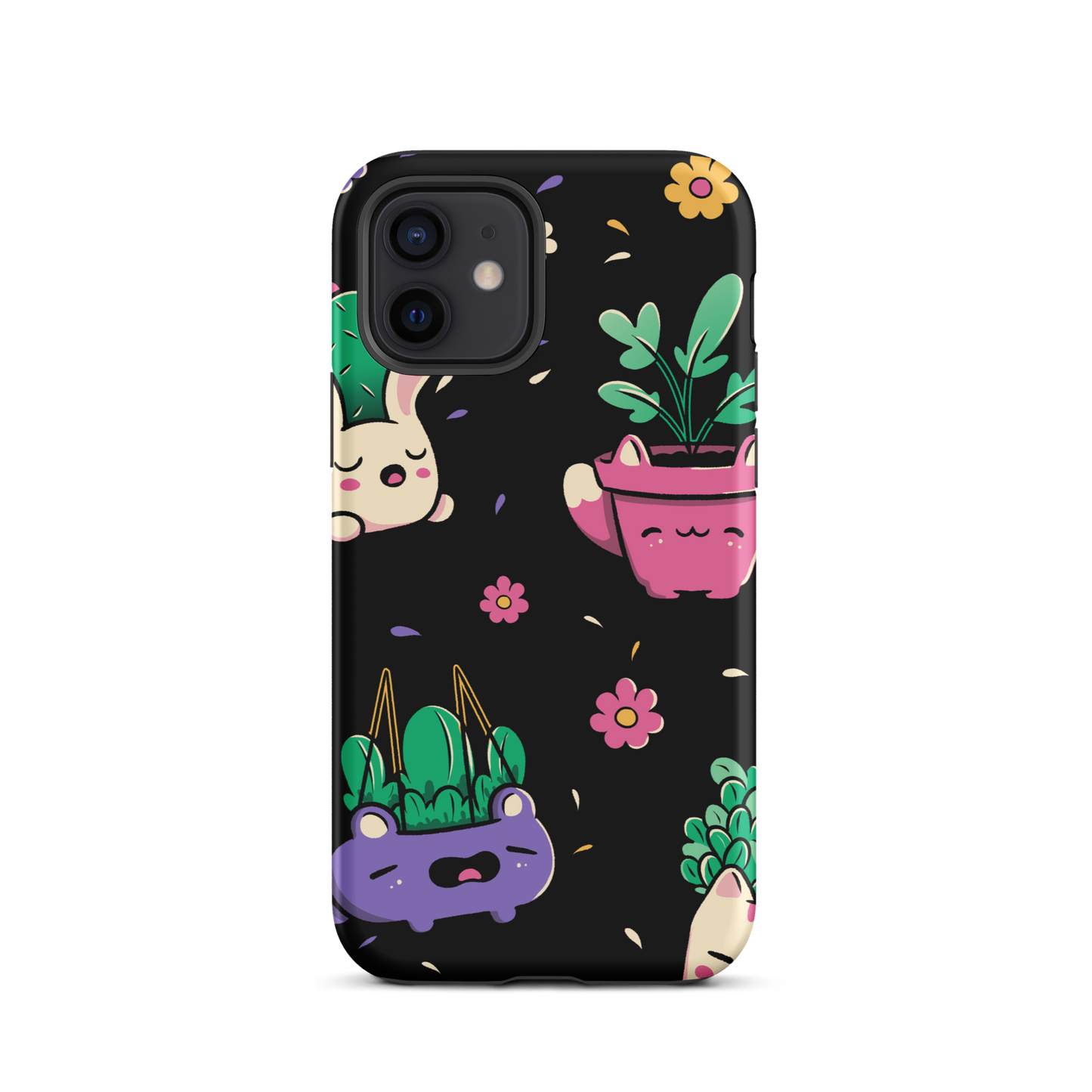 An endearing pattern featuring petite potted plants creatively shaped like adorable animals, arranged in a charming repeating composition. This enchanting design is perfect for plant enthusiasts who adore greenery and love surrounding themselves with whimsical, nature-inspired details.