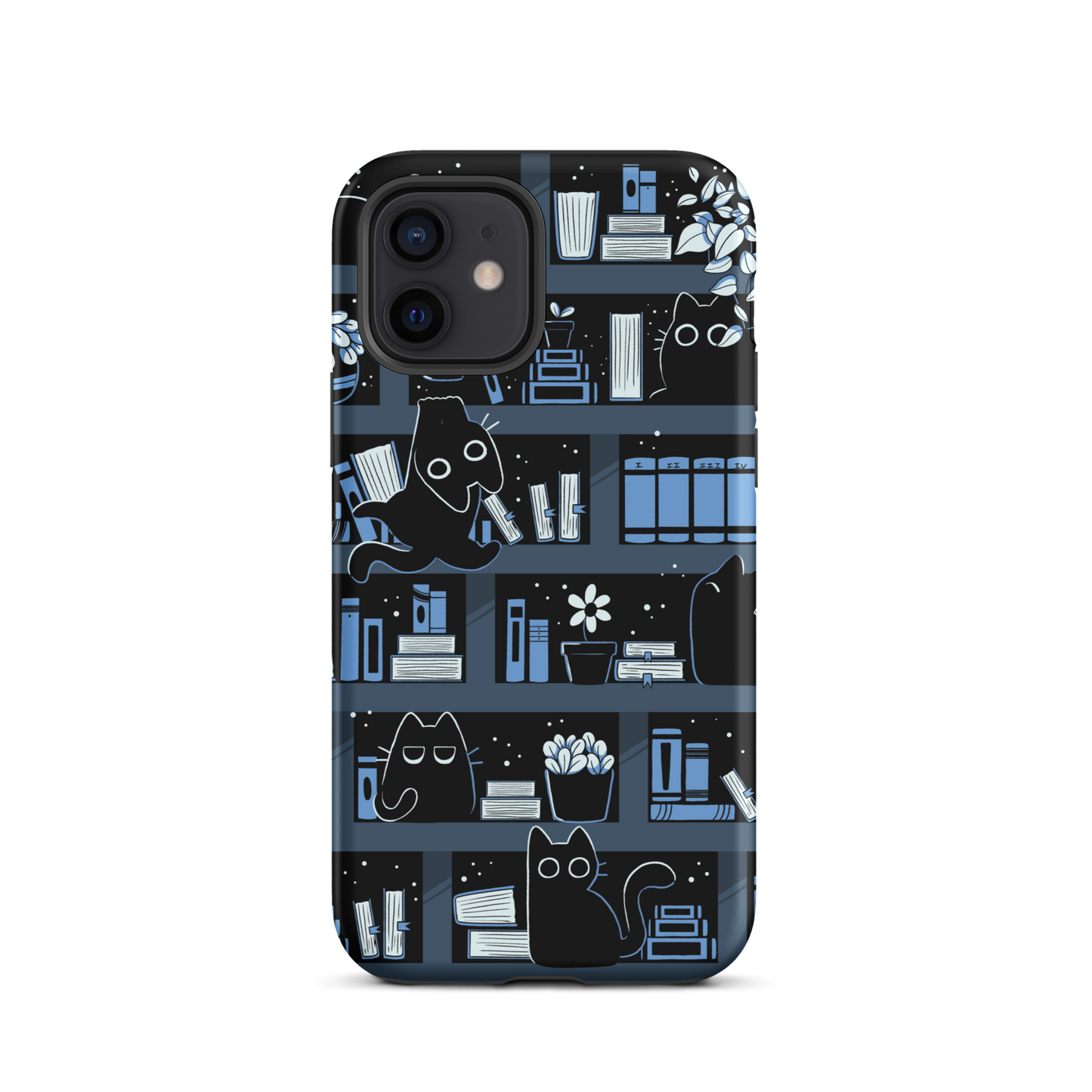 A pattern designed to resemble one large bookshelf filled with books, plants and playful little black kittens tucked between the shelves. An artwork in shades of black and blue, perfect for those who love cats, books and plants.