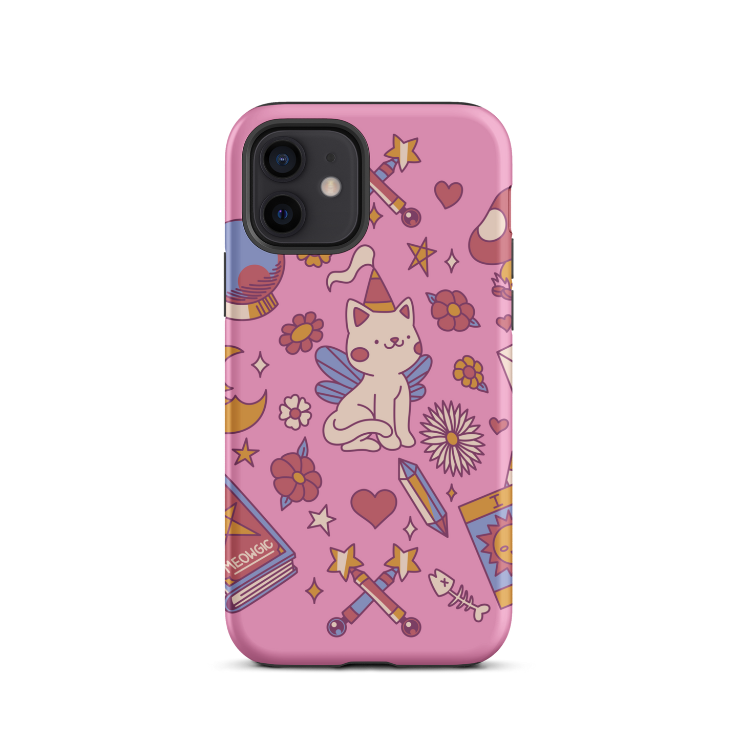 The artwork depicts a magical kitten with wings and a little hat, surrounded by crystals, flowers, tarot cards, mushrooms, and mystical elements in pastel shades. The design blends cute fantasy with colorful witchy aesthetics, creating an enchanting, lighthearted composition full of fun details. Perfect for lovers of cute mysticism, tarot, magical cats, and anyone who enjoys colorful prints with a magical vibe.