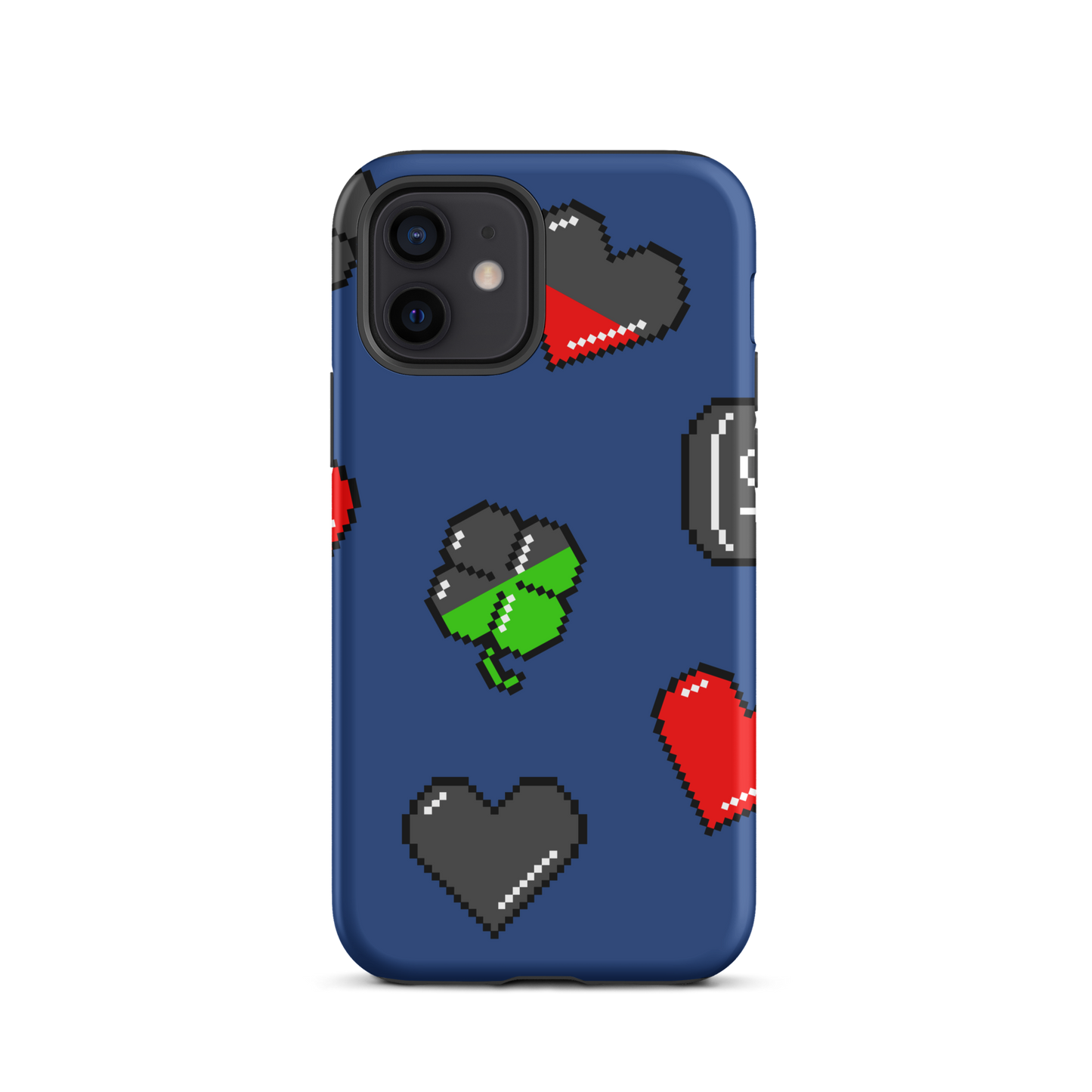 A repeating pattern made of 8-bit video game icons like hearts, four-leaf clovers, and coins. A nostalgic pixel art design inspired by classic games and retro digital culture.
