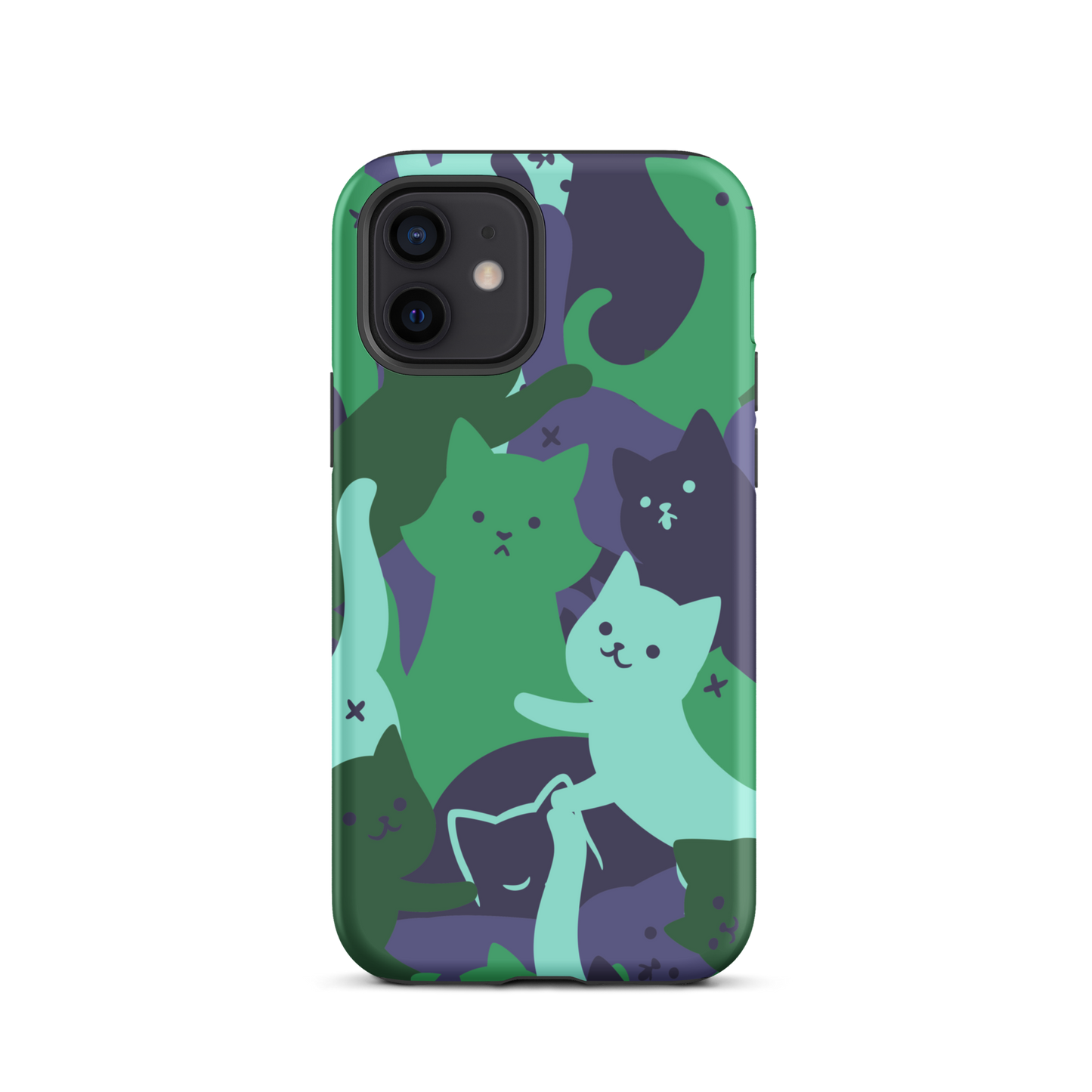 A playful pattern featuring multiple kittens in shades of green and blue, arranged to create a soft camouflage effect. This design blends cute cats with a modern pattern aesthetic, perfect for fans of fun, stylish, and whimsical art.