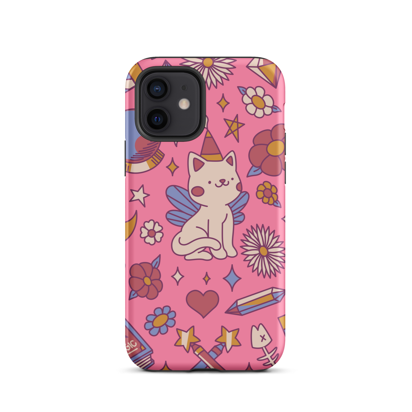 A seamless pattern featuring a magical winged kitten surrounded by crystals, flowers, tarot cards, mushrooms and other mystical elements in soft pastel tones. A playful and whimsical design with a cute, magical vibe.