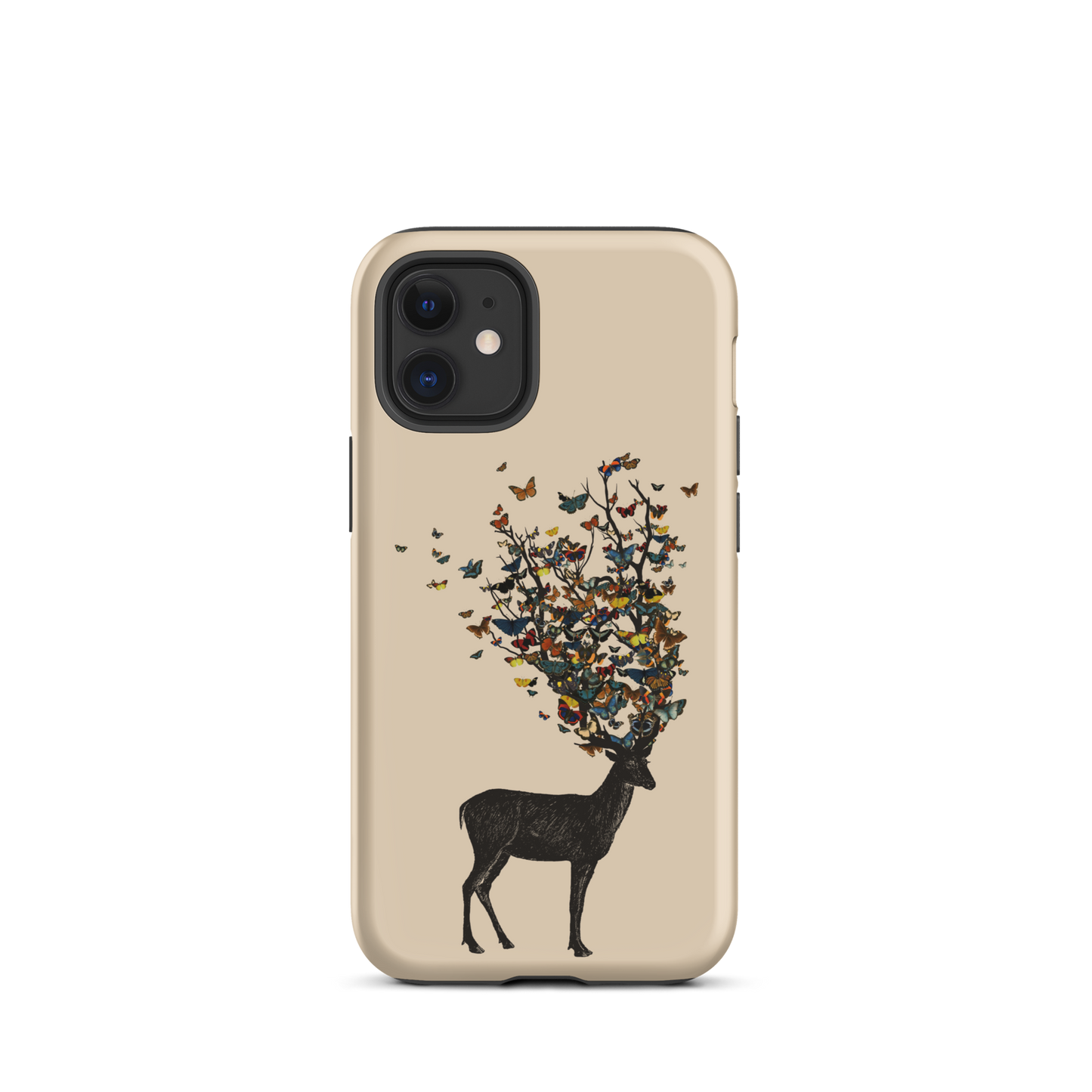 The image depicts a dark, silhouetted deer standing on a neutral background. Instead of branches, its antlers transform into a swirling cloud of vibrant, colorful butterflies that extend upwards and outward. The mix of organic and ethereal elements creates a captivating and whimsical visual contrast.