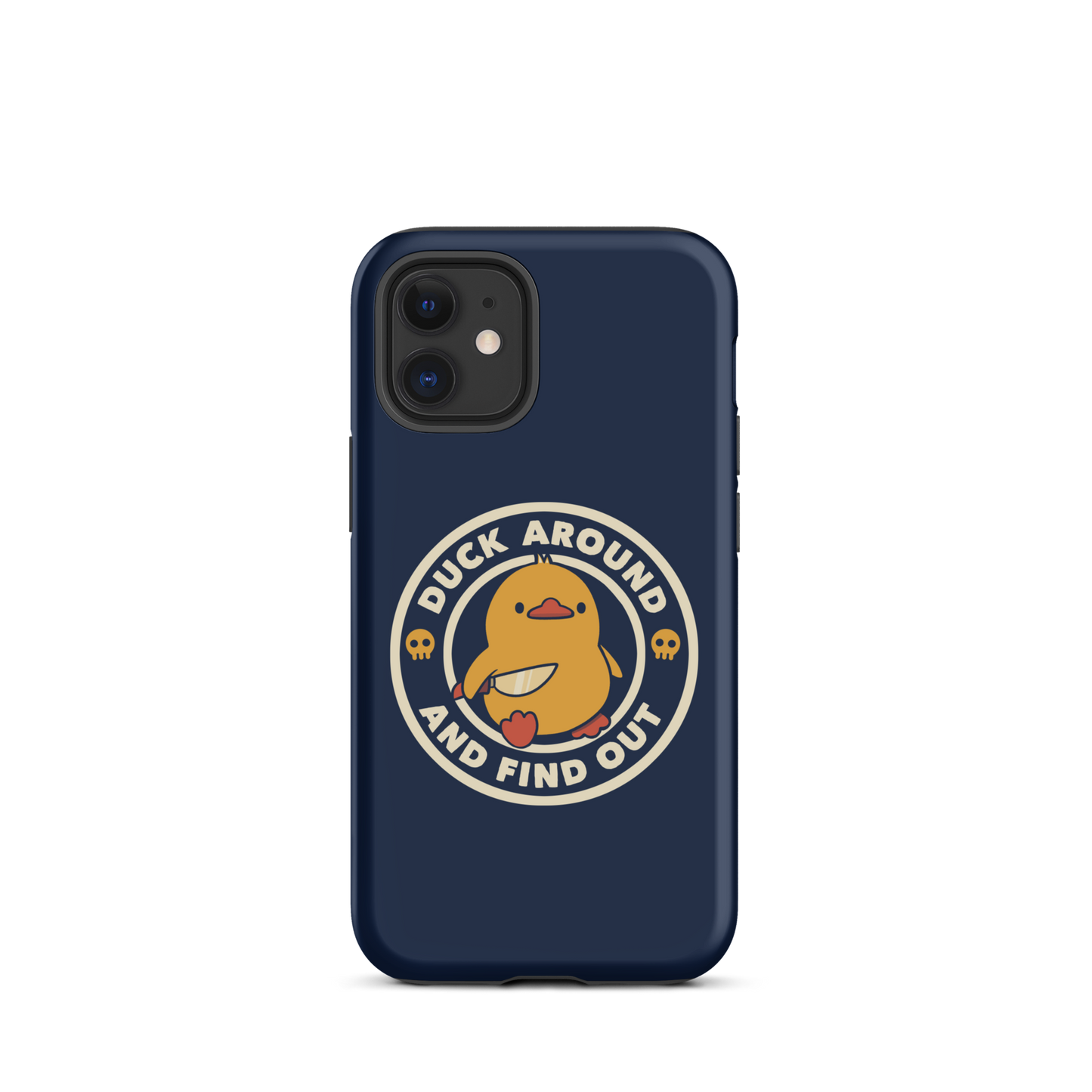 A cute yellow duck holding a small knife, around it the text "Duck Around And Find Out". An art that mixes humor with the temperament of ducks.