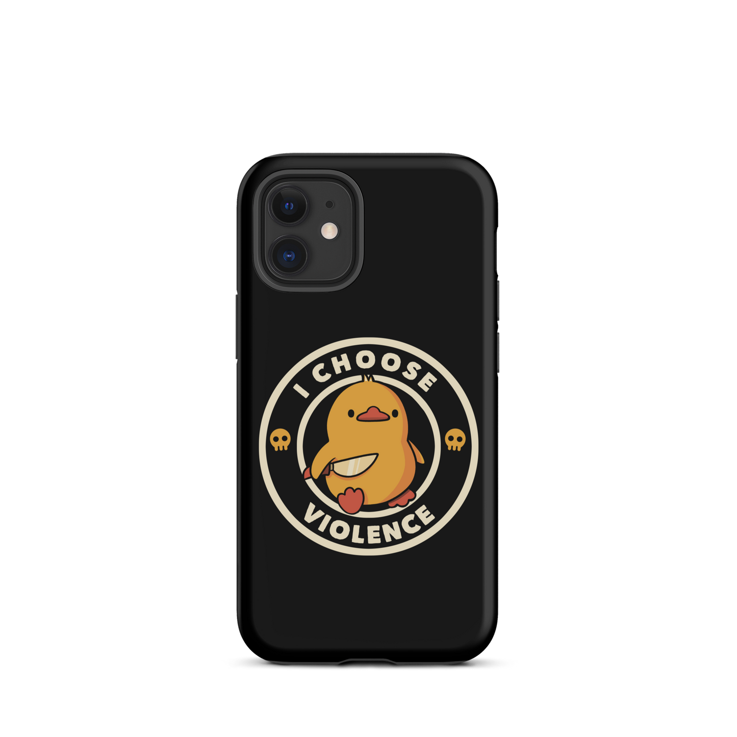 A cute, cartoon-style yellow duckling stands confidently holding a large knife in its wing. The duckling is encircled by text saying 'I CHOOSE VIOLENCE' in bold white letters. Small skull symbols flank the chick on either side, adding a touch of humor and irony to the otherwise adorable drawing.