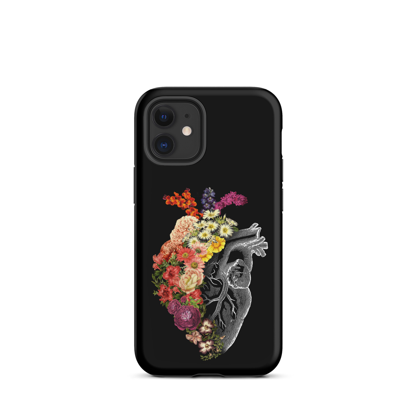 The design is an intricate and anatomical drawing of a human heart on a black background. The left side of the heart morphs into a vibrant assortment of colorful flowers, including roses, daisies, and other blooming blossoms, creating a striking contrast between the realistic and the surreal, symbolizing the harmony between nature and humanity.