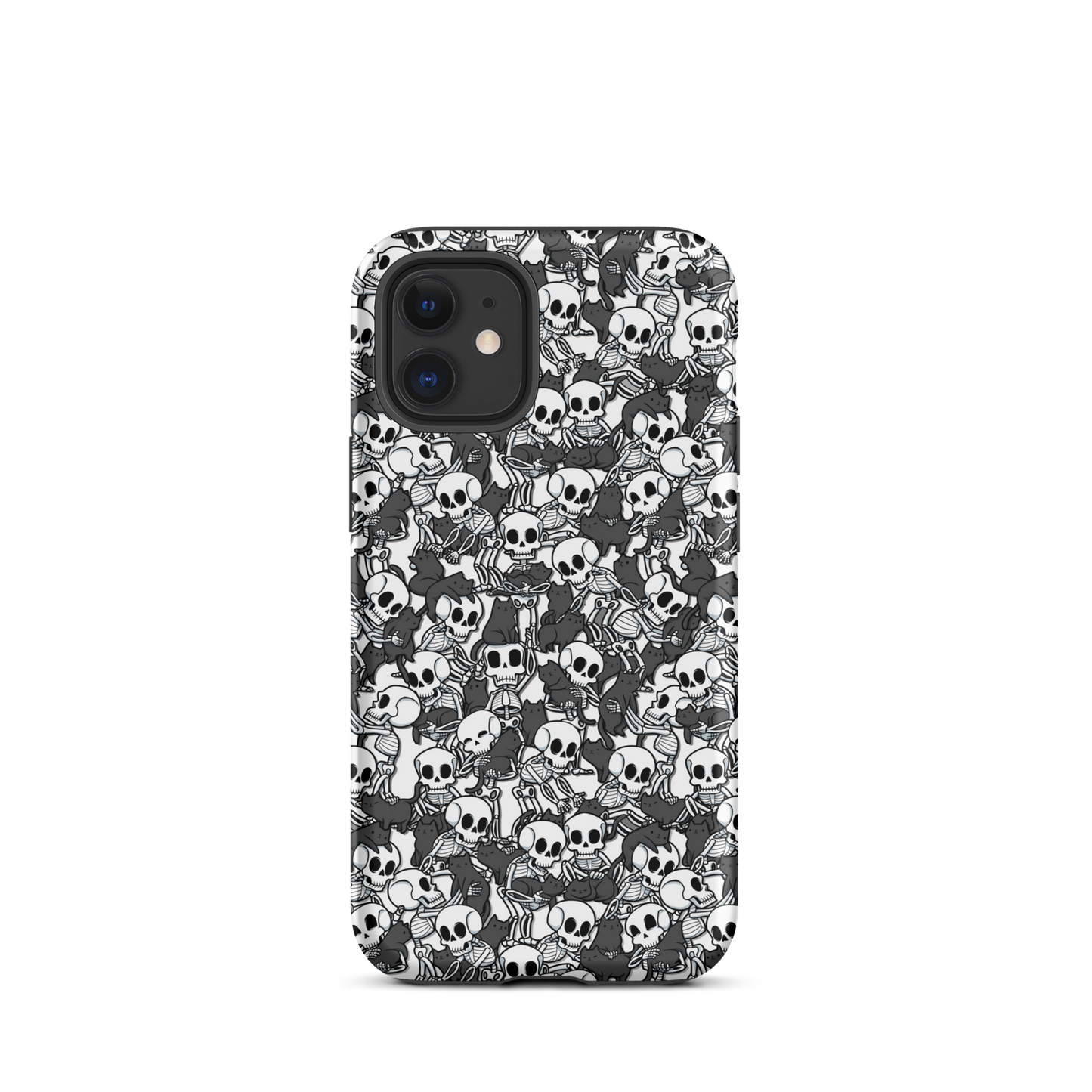 This artwork shows a playful pattern of cartoon skeletons cuddling and interacting with adorable black cats. It blends spooky charm with cozy, humorous vibes, creating a perfect aesthetic between macabre and cute. Ideal for fans of Halloween, gothic aesthetics, or anyone who loves fun prints with personality.