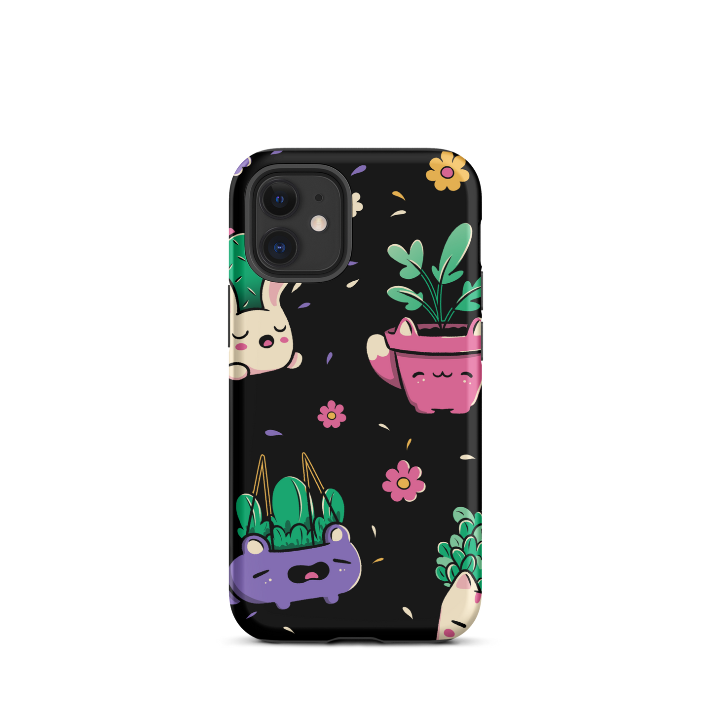 An endearing pattern featuring petite potted plants creatively shaped like adorable animals, arranged in a charming repeating composition. This enchanting design is perfect for plant enthusiasts who adore greenery and love surrounding themselves with whimsical, nature-inspired details.