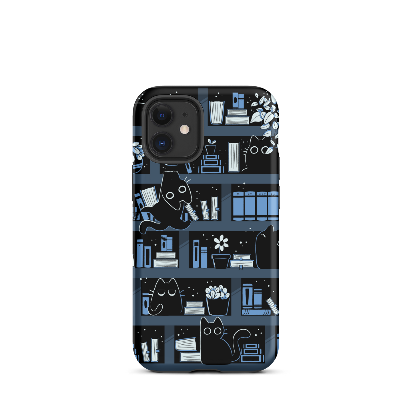 A pattern designed to resemble one large bookshelf filled with books, plants and playful little black kittens tucked between the shelves. An artwork in shades of black and blue, perfect for those who love cats, books and plants.