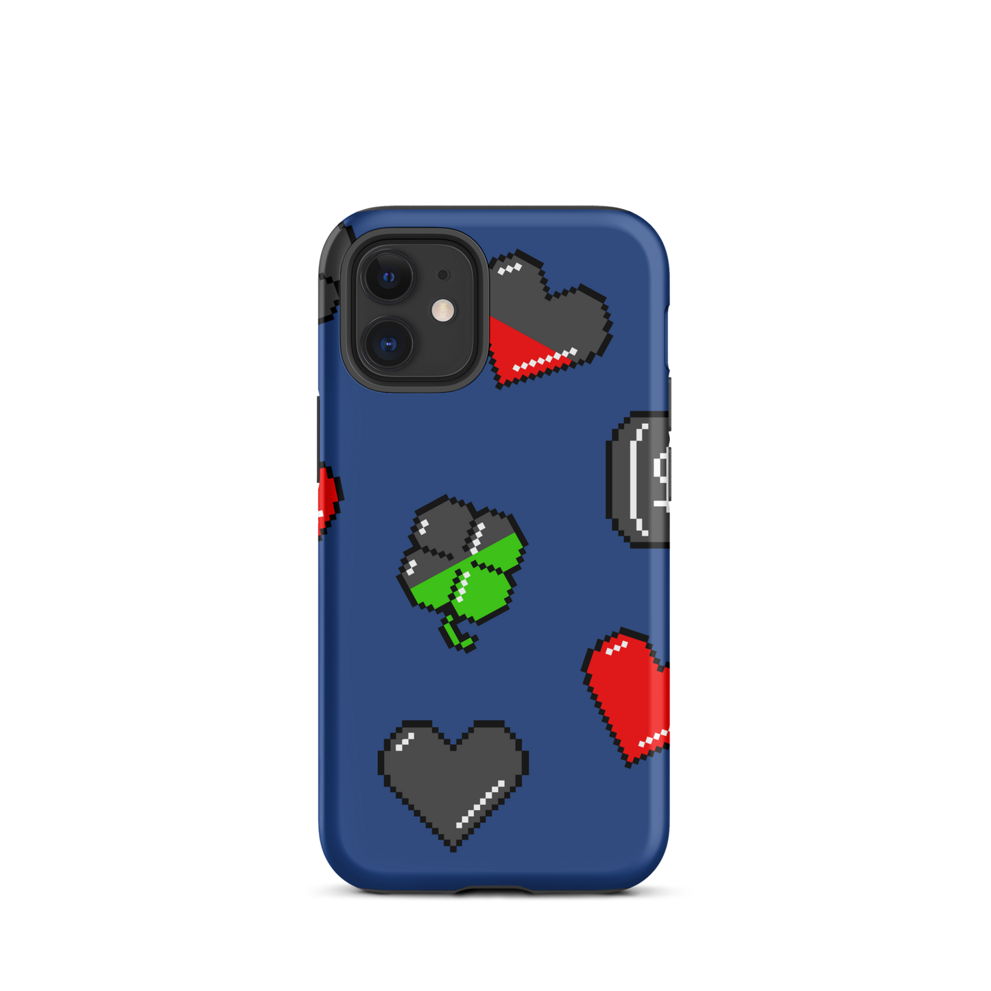 A repeating pattern made of 8-bit video game icons like hearts, four-leaf clovers, and coins. A nostalgic pixel art design inspired by classic games and retro digital culture.