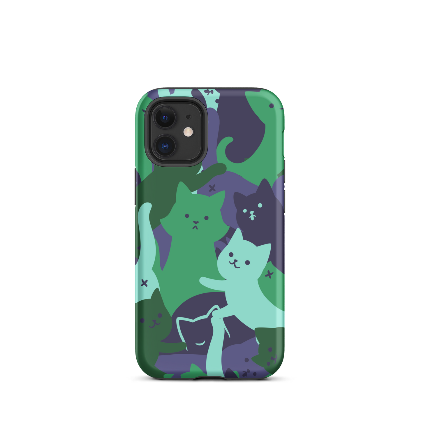 A playful pattern featuring multiple kittens in shades of green and blue, arranged to create a soft camouflage effect. This design blends cute cats with a modern pattern aesthetic, perfect for fans of fun, stylish, and whimsical art.